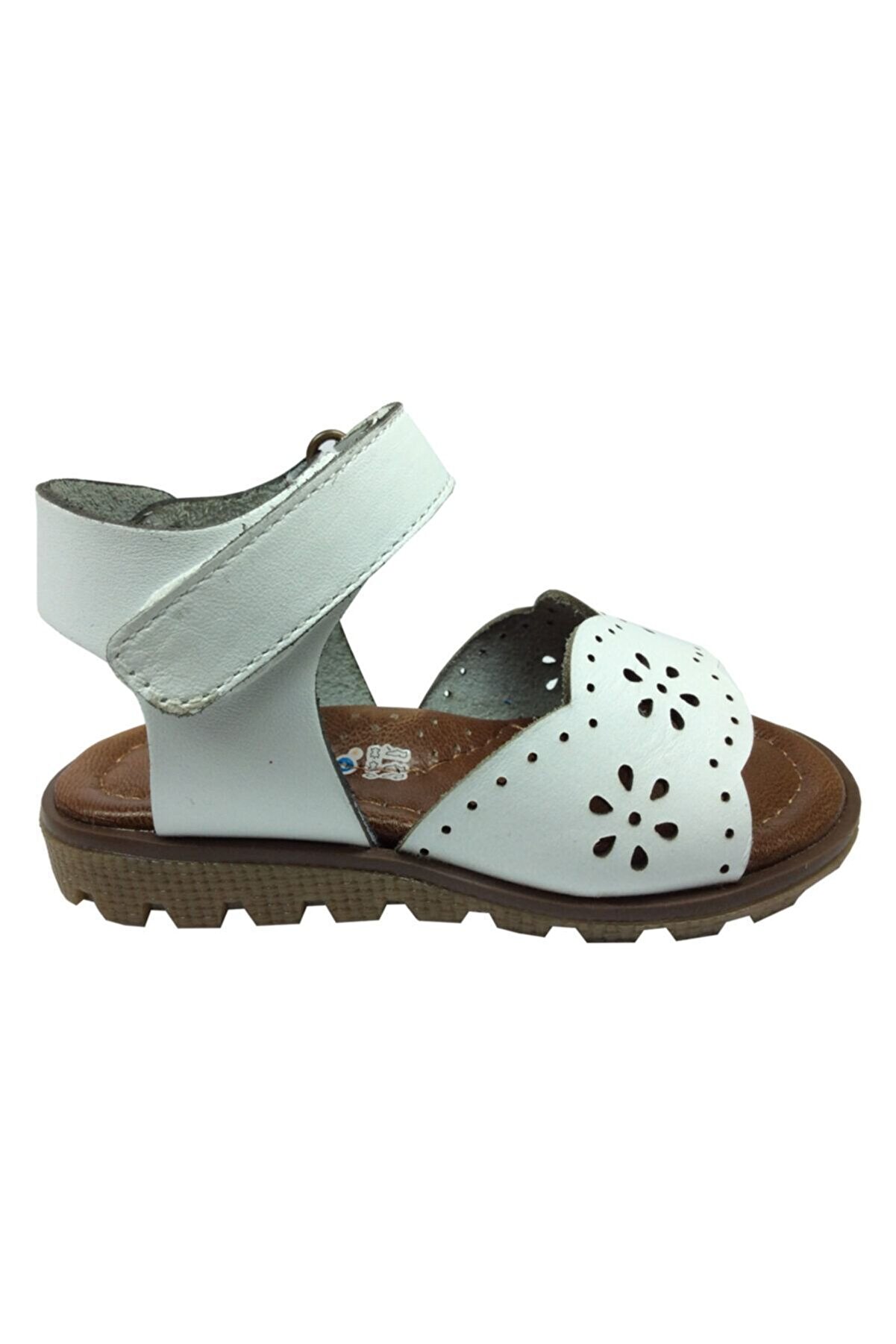 raduno Kız Sandalet Beyaz Lazerli Çiçek Desen Bilekten Cirtli % 100 Deri