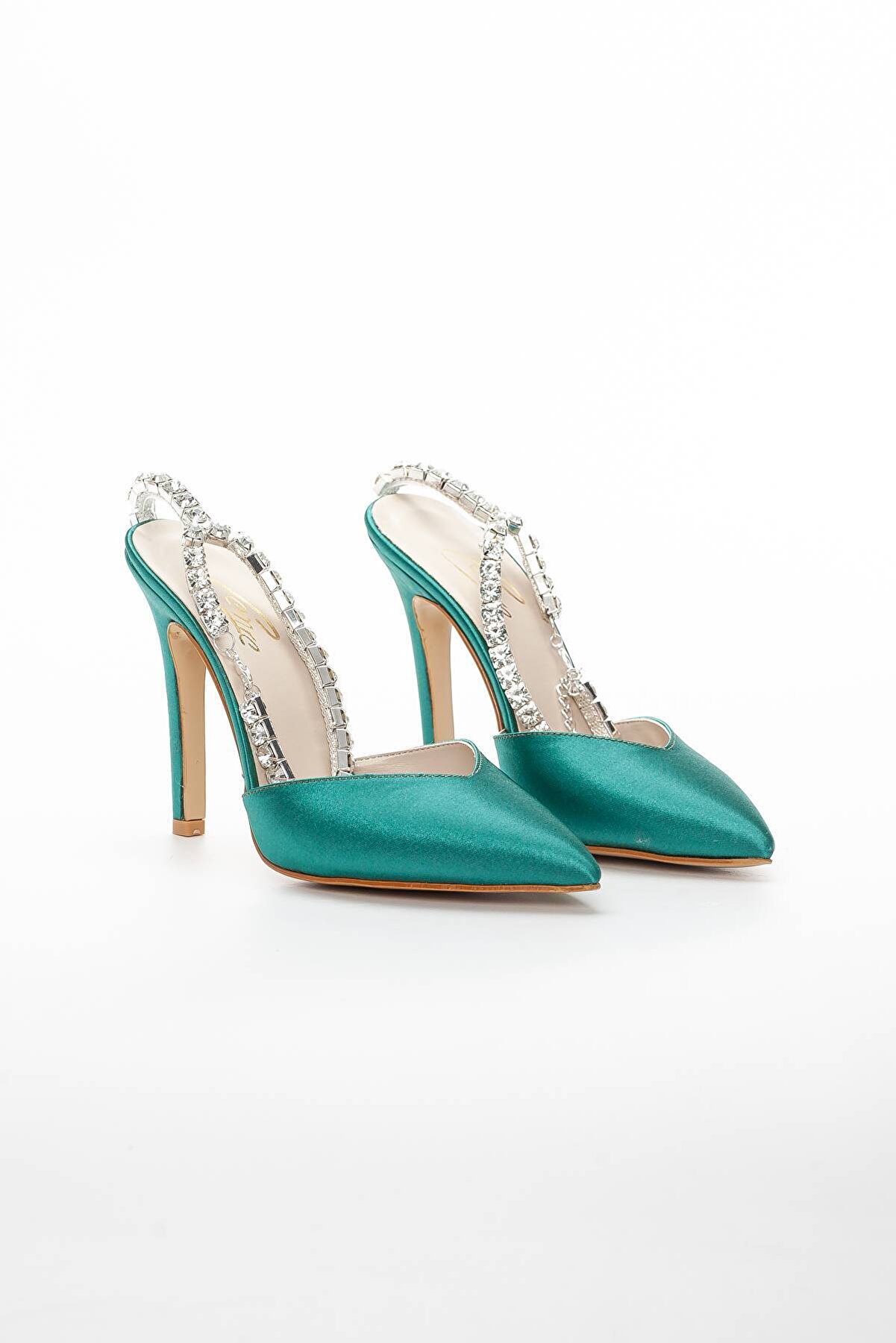 Gult Bi̇lekten Bağlamalı Taşlı Gece Ayakkabısı Yeşi̇l Saten