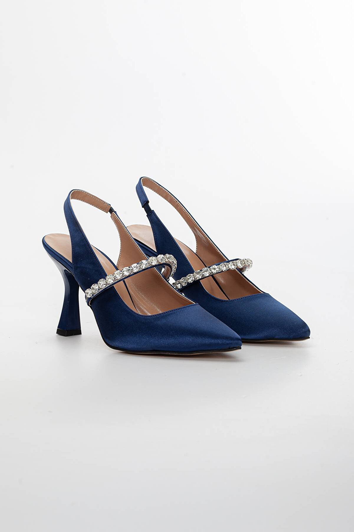 Gult Arkası Açık Taşlı Gece Ayakkabısı Mavi̇ Saten