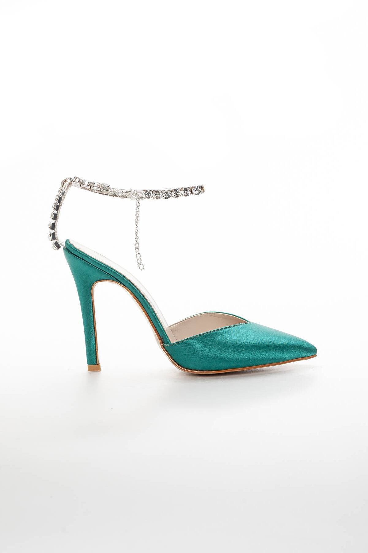 Gult Bi̇lekten Bağlamalı Taşlı Gece Ayakkabısı Yeşi̇l Saten