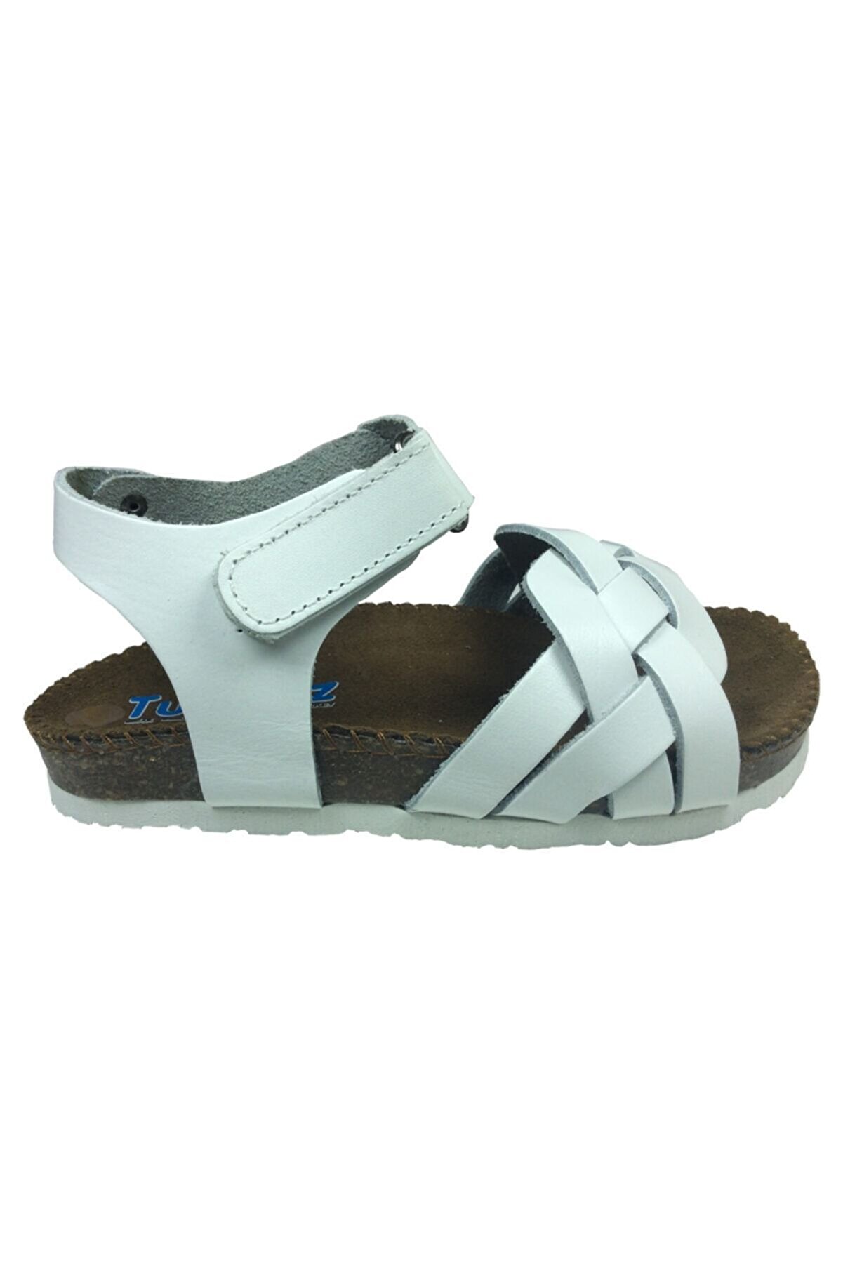 Turkuaz Ortopedikapatik Kız Sandalet Beyaz Önü Örgü Desen Bilekten Cırtlı Deri Mantar Taban