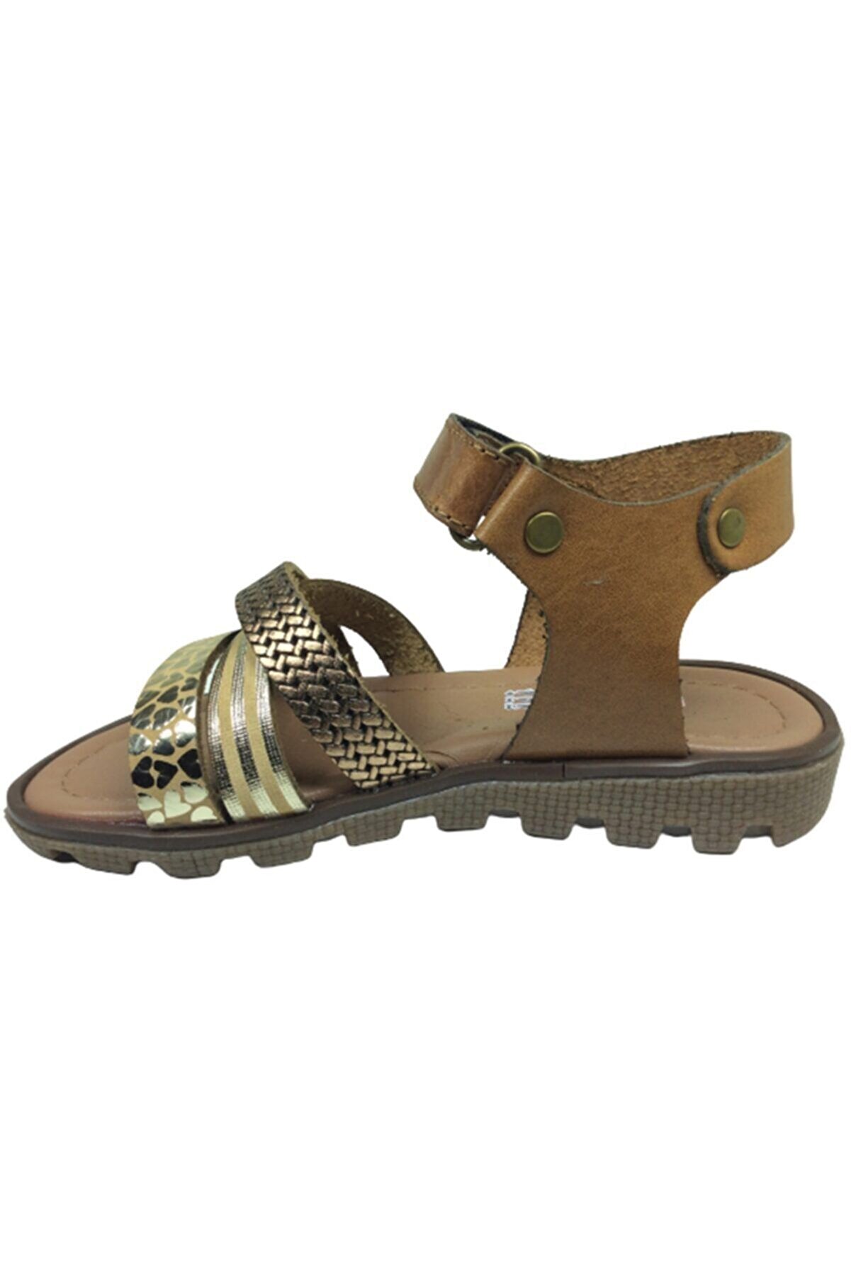 Pati̇k Kız Çocuk Sandalet Kahverengi̇ Önü Dore Baskılı Atkılı Bi̇lekten Cırtlı Deri̇