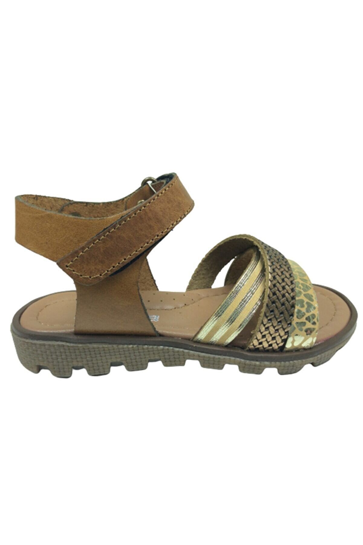 raduno Patik Kız Çocuk Sandalet Kahverengi Önü Dore Baskılı Atkılı Bilekten Cırtlı Deri