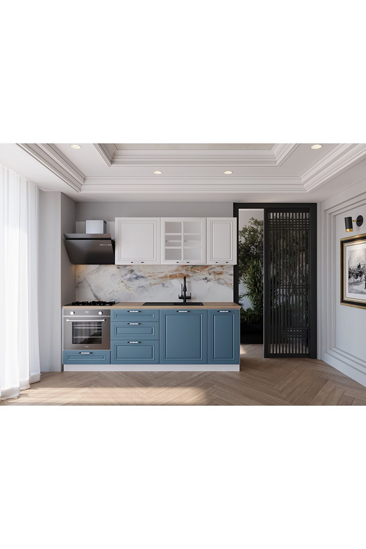 Vi̇sasconcept 220 Cm Mdf G&ouml;vde Mebran Kapak &Uuml;&ccedil; &Ccedil;ekmeceli̇ Hakan Hazır Mutfak - Mavi̇ - Beyaz(Tezgah Dahi̇l)