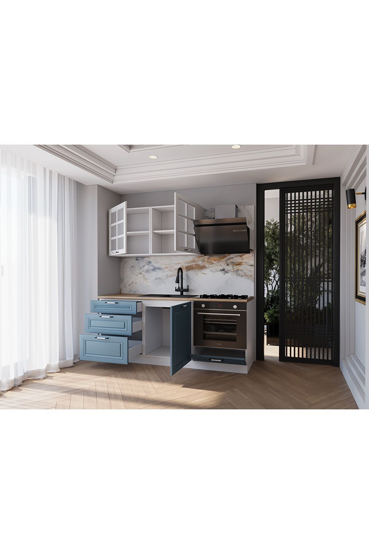 Vi̇sasconcept 180 Cm Mdf G&ouml;vde Mebran Kapak &Uuml;&ccedil; &Ccedil;ekmeceli̇ G&uuml;lseda Hazır Mutfak - Mavi̇ - Beyaz(Tezgah Dahi̇l)