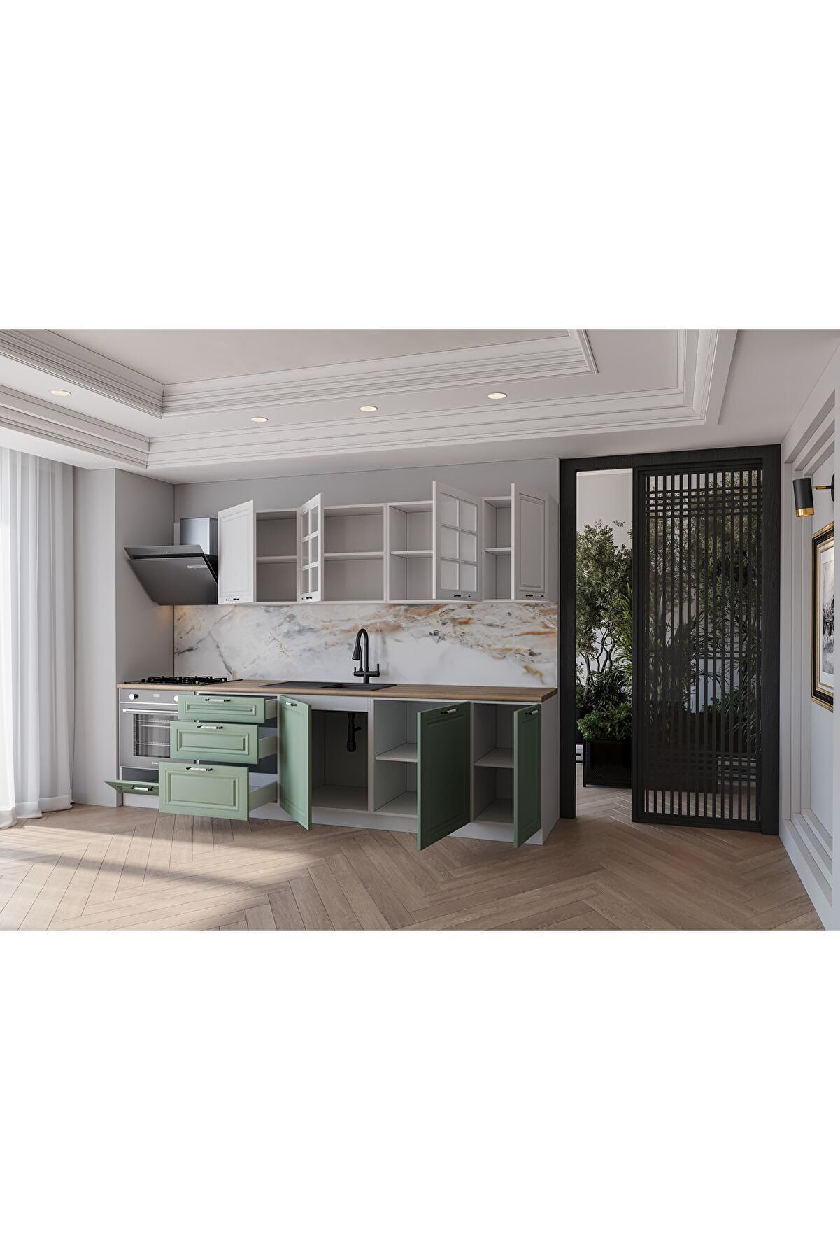 Vi̇sasconcept 280 Cm Mdf G&ouml;vde Mebran Kapak &Uuml;&ccedil; &Ccedil;ekmeceli̇ Emel Hazır Mutfak -Su Yeşi̇li̇ - Beyaz(Tezgah Dahi̇l)