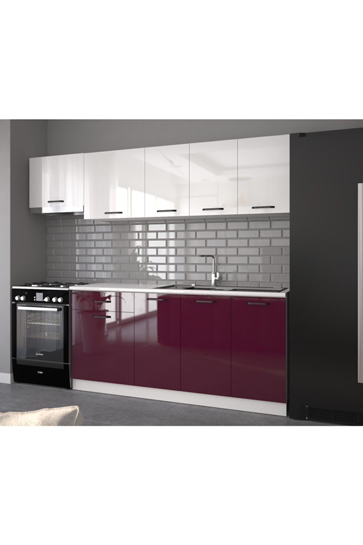 Vi̇sasconcept 240 Cm Buğra Hazır Mutfak Dolabı Parlak Hıgh-Gloss Beyaz Ve M&uuml;rd&uuml;m(Tezgah Dahi̇l)