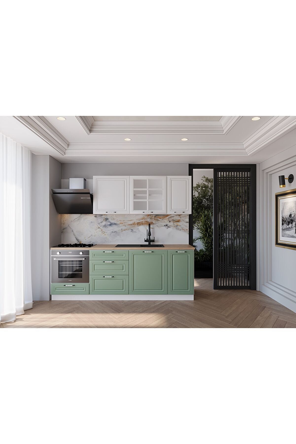 Vi̇sasconcept 220 Cm Mdf G&ouml;vde Mebran Kapak &Uuml;&ccedil; &Ccedil;ekmeceli̇ Mi̇rac Hazır Mutfak - Su Yeşi̇li̇ - Beyaz(Tezgah Dahi̇l)