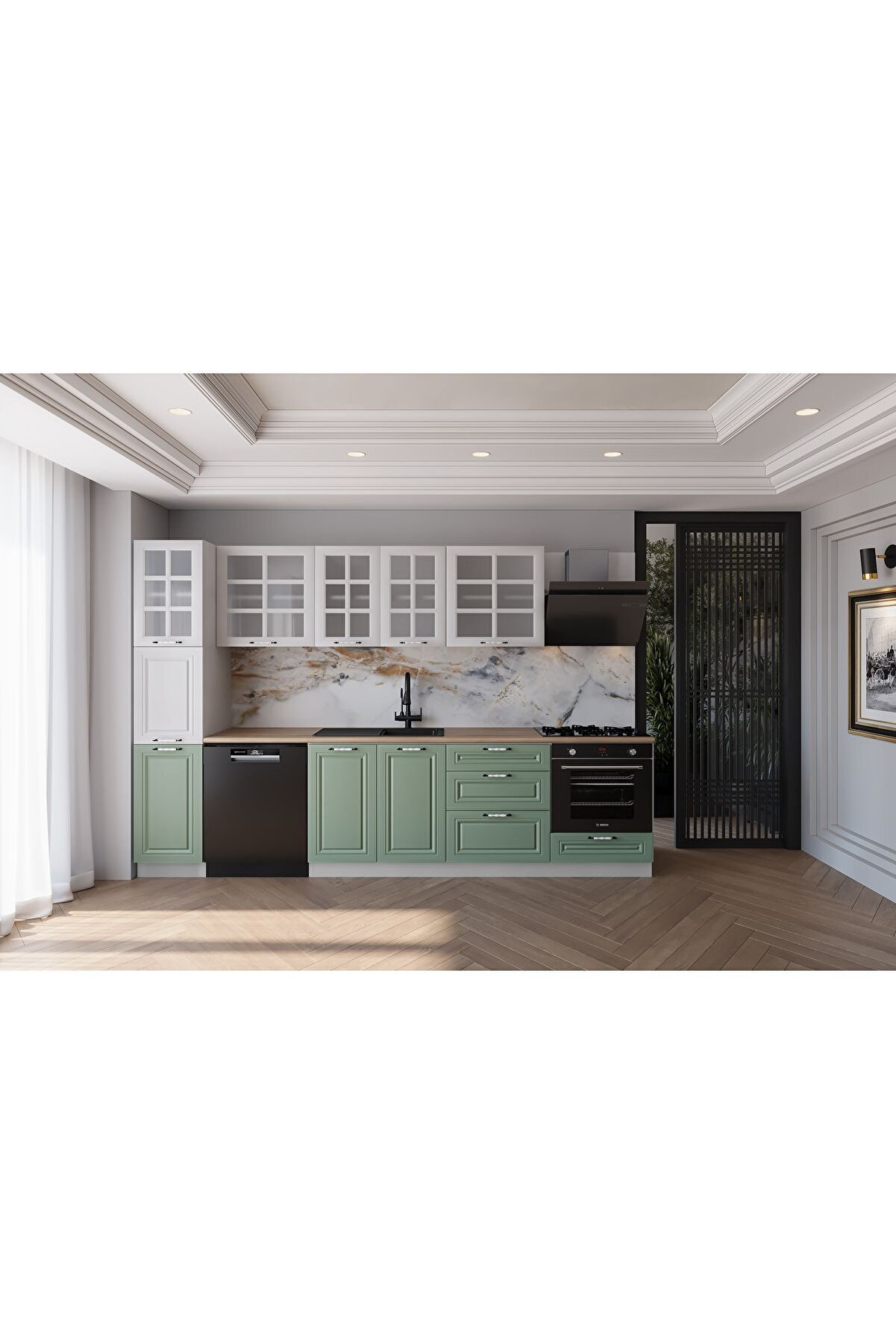 Vi̇sasconcept 300 Cm Mdf G&ouml;vde Mebran Kapak &Uuml;&ccedil; &Ccedil;ekmeceli̇ Yakut Hazır Mutfak -Su Yeşi̇li̇ - Beyaz (Tezgah Dahi̇l)