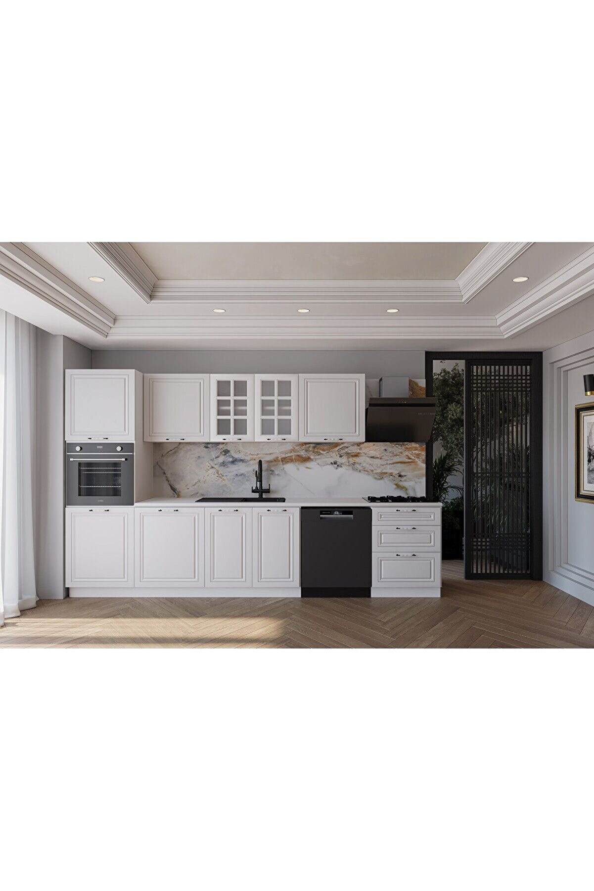 Vi̇sasconcept 320Cm Mdf G&ouml;vde Membran Kapak &Uuml;&ccedil; &Ccedil;ekmeceli̇ Ela Hazır Mutfak - Beyaz (Tezgah Dahi̇l)