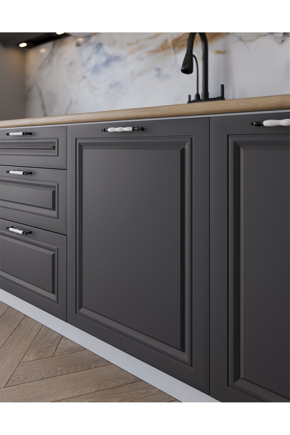 Vi̇sasconcept 300 Cm Mdf G&ouml;vde Membran Kapak &Uuml;&ccedil; &Ccedil;ekmeceli̇ &Ouml;znur Hazır Mutfak -Antrasi̇t - Beyaz (Tezgah Dahi̇l)