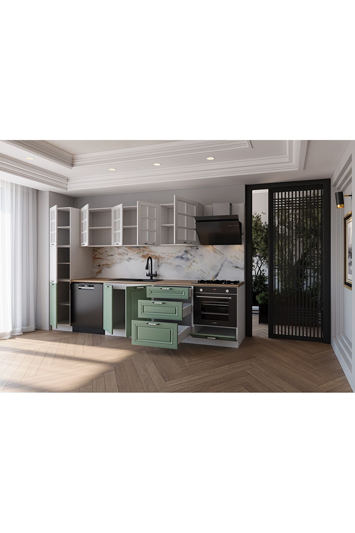 Vi̇sasconcept 300 Cm Mdf G&ouml;vde Mebran Kapak &Uuml;&ccedil; &Ccedil;ekmeceli̇ Yakut Hazır Mutfak -Su Yeşi̇li̇ - Beyaz (Tezgah Dahi̇l)