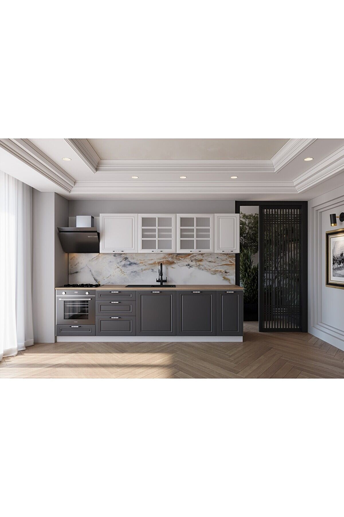 Vi̇sasconcept 280 Cm Mdf G&ouml;vde Mebran Kapak &Uuml;&ccedil; &Ccedil;ekmeceli̇ Elvan Hazır Mutfak -Antrasi̇t - Beyaz(Tezgah Dahi̇l)