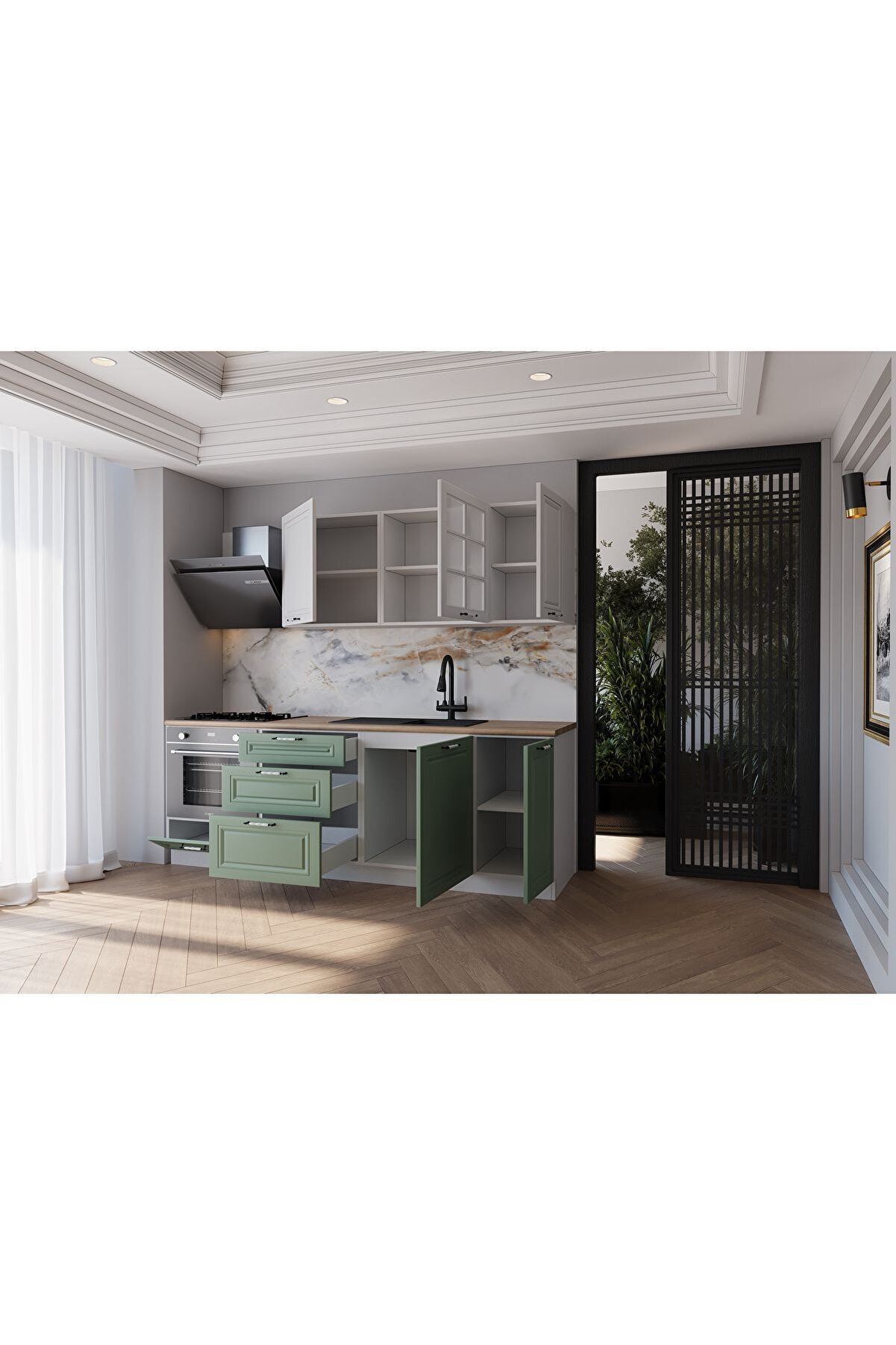 Vi̇sasconcept 220 Cm Mdf G&ouml;vde Mebran Kapak &Uuml;&ccedil; &Ccedil;ekmeceli̇ Mi̇rac Hazır Mutfak - Su Yeşi̇li̇ - Beyaz(Tezgah Dahi̇l)