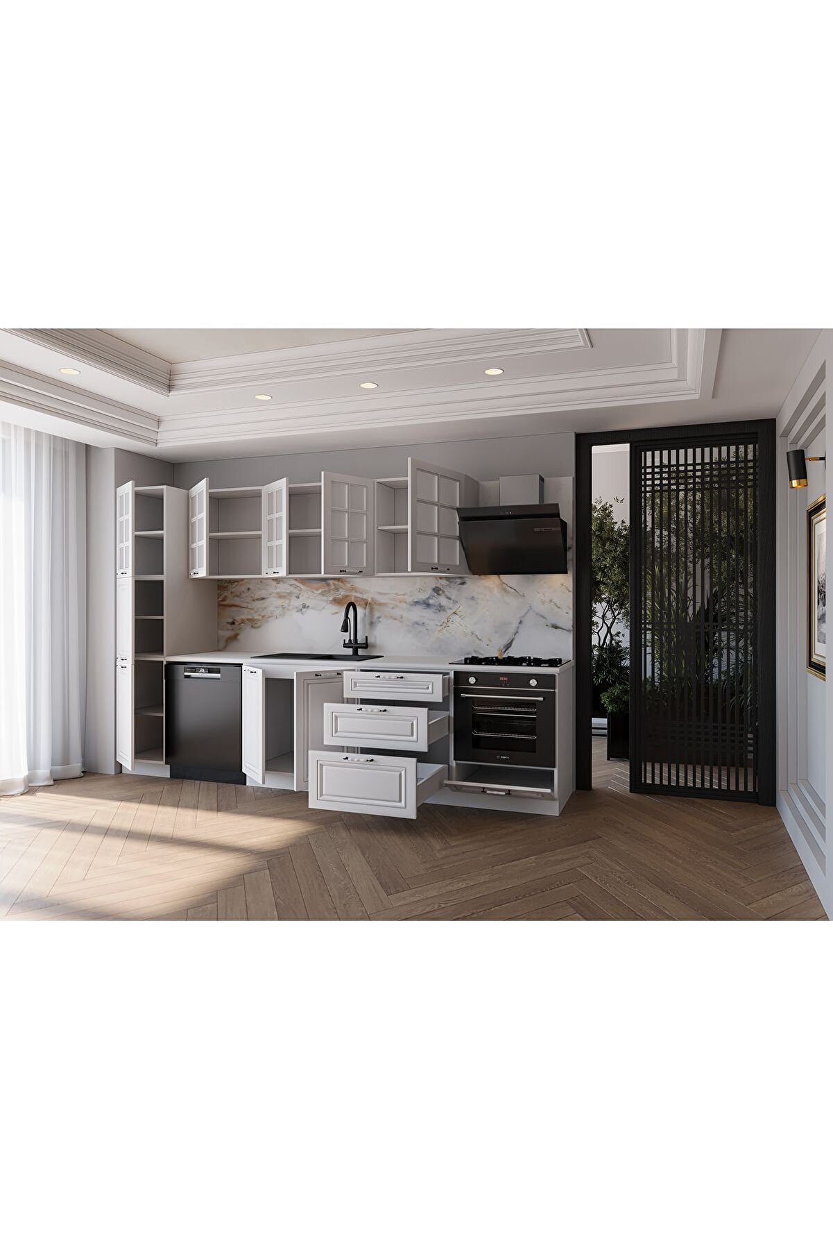 Vi̇sasconcept 300 Cm Mdf G&ouml;vde Mebran Kapak &Uuml;&ccedil; &Ccedil;ekmeceli̇ Funda Hazır Mutfak - Beyaz(Tezgah Dahi̇l)