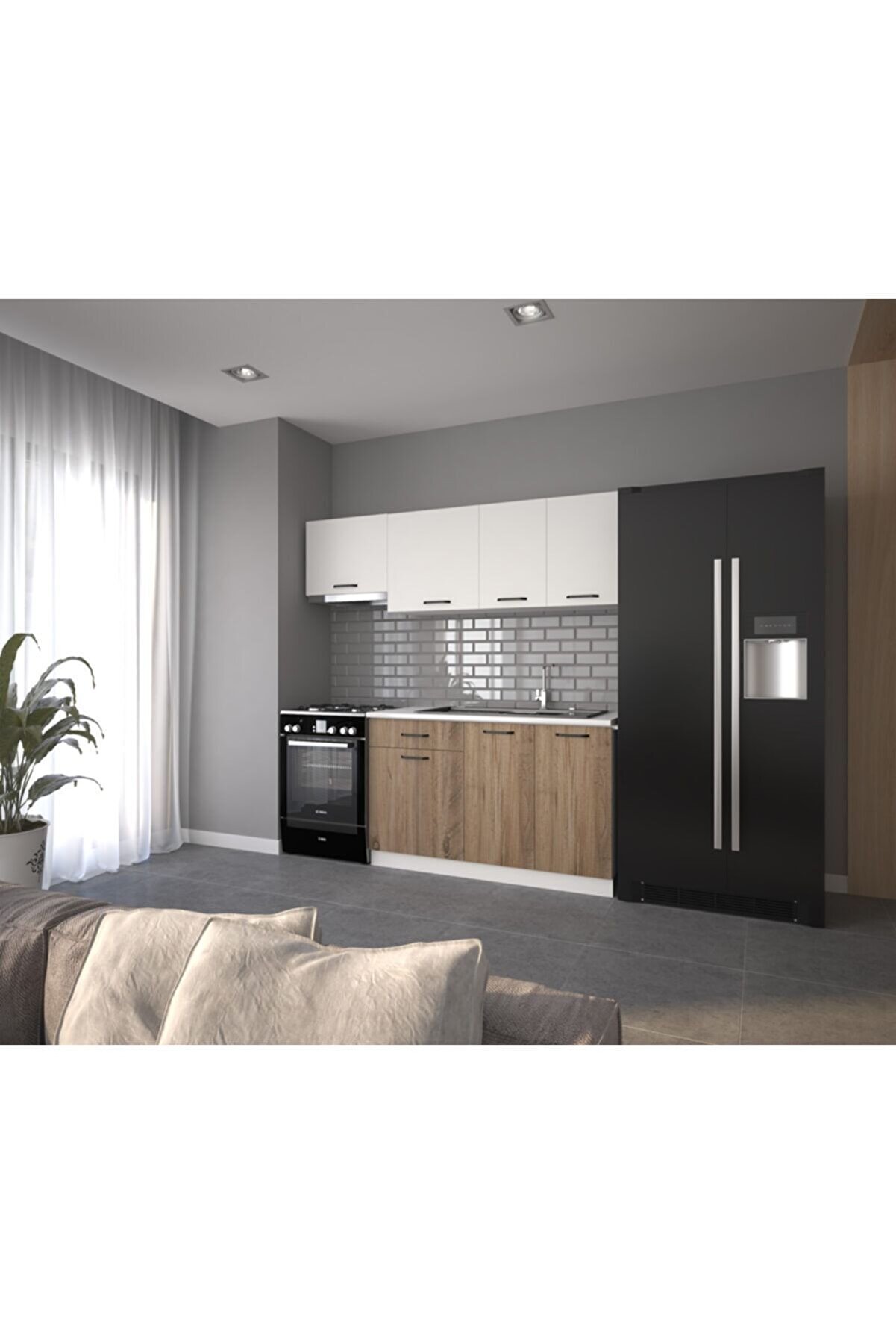 Vi̇sasconcept 200 Cm Yağmur Hazır Mutfak Dolabı Aspi̇rat&ouml;r Mod&uuml;ll&uuml; Beyaz Ve Atlanti̇k &Ccedil;am (Tezgah Dahi̇l)