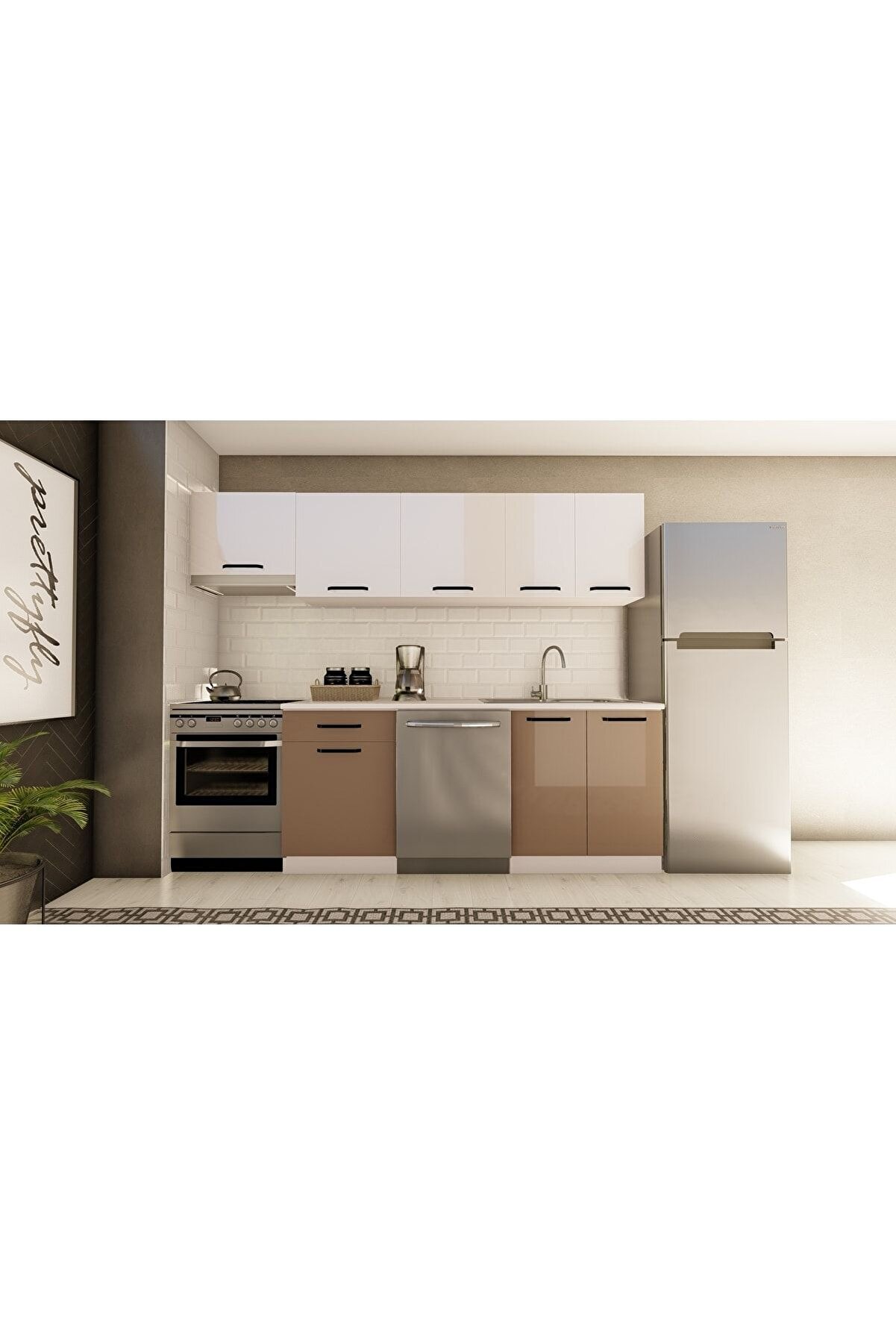 Vi̇sasconcept 260 Cm Kelebek Hazır Mutfak Dolabı Aspi̇rat&ouml;r Mod&uuml;ll&uuml; Parlak Beyaz Ve Cappuccıno(Tezgah Dahi̇l)