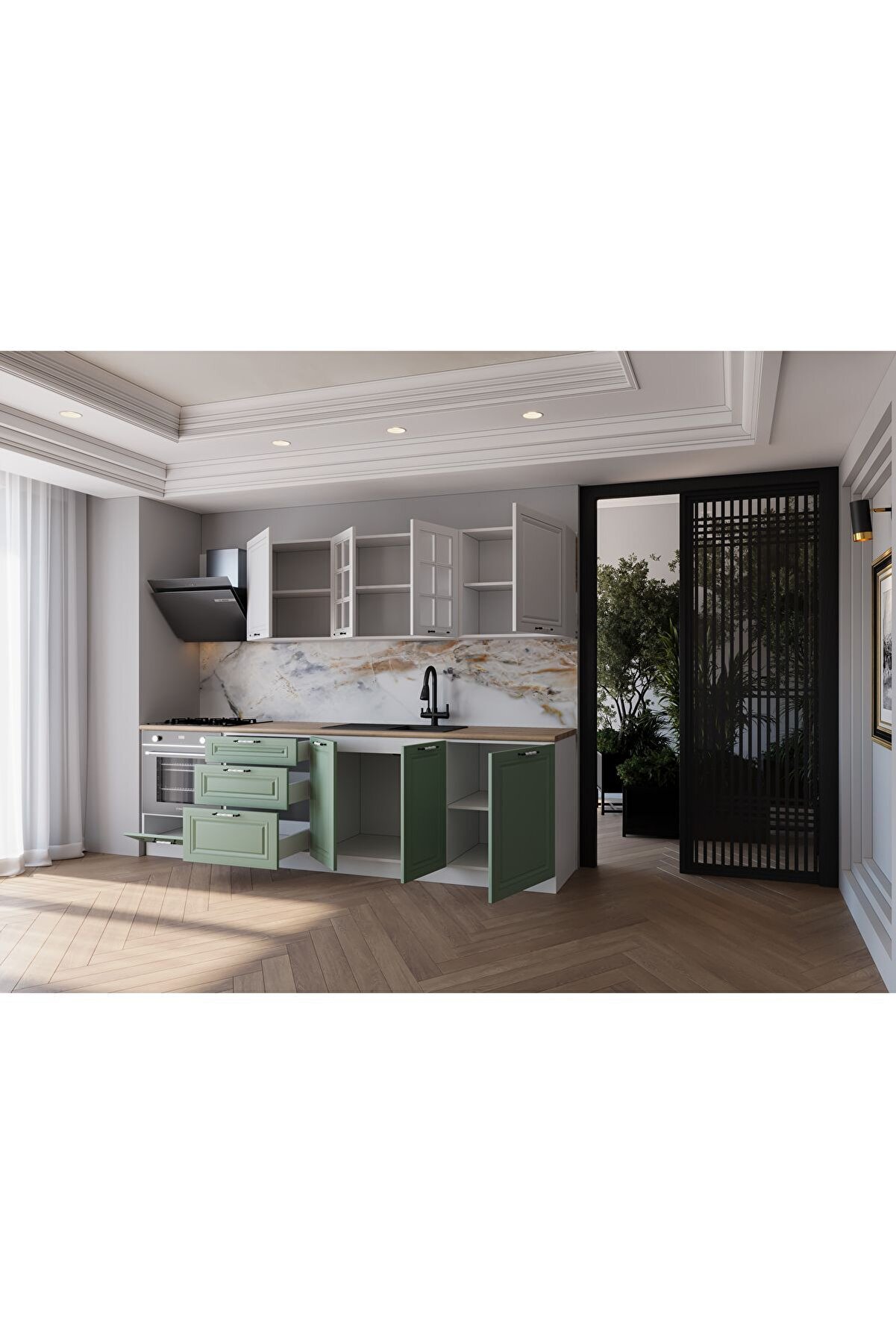 Vi̇sasconcept 260 Cm Mdf G&ouml;vde Mebran Kapak &Uuml;&ccedil; &Ccedil;ekmeceli̇ Ender Hazır Mutfak - Su Yeşi̇li̇ - Beyaz(Tezgah Dahi̇l)