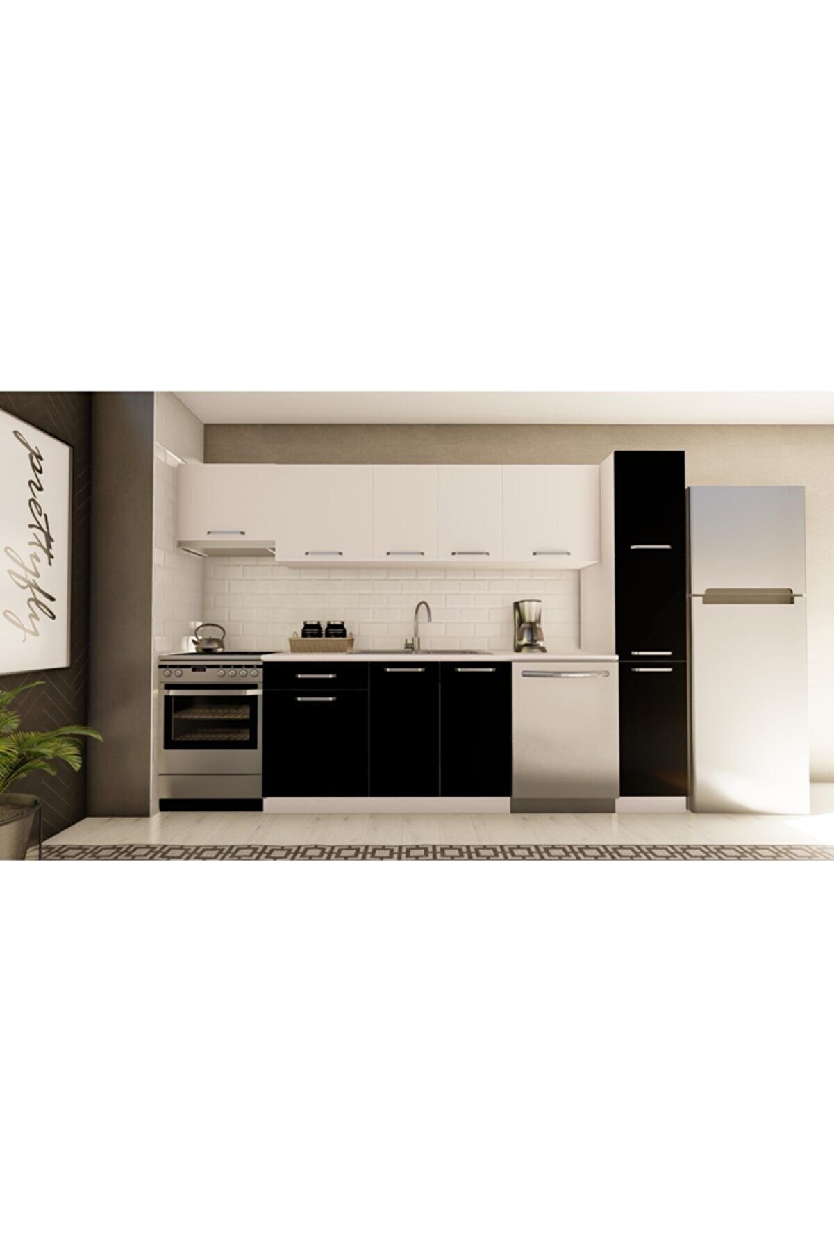 Vi̇sasconcept 300 Cm Ayaz Hazır Mutfak Dolabı Aspi̇rat&ouml;r Ve Ki̇ler Mod&uuml;ll&uuml; Beyaz Ve Si̇yah(Tezgah Dahi̇l)