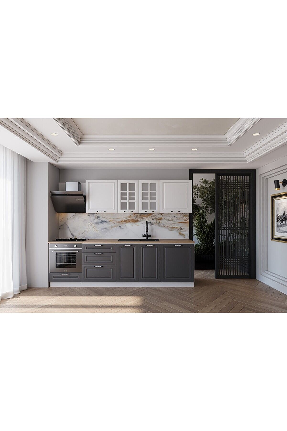 Vi̇sasconcept 260 Cm Mdf G&ouml;vde Mebran Kapak &Uuml;&ccedil; &Ccedil;ekmeceli̇ Inci̇ Hazır Mutfak - Antrasi̇t - Beyaz(Tezgah Dahi̇l)