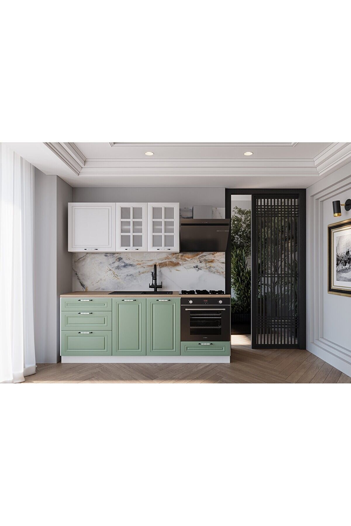 Vi̇sasconcept 200 Cm Mdf G&ouml;vde Mebran Kapak &Uuml;&ccedil; &Ccedil;ekmeceli̇ Baha Hazır Mutfak - Su Yeşi̇li̇ - Beyaz(Tezgah Dahi̇l)