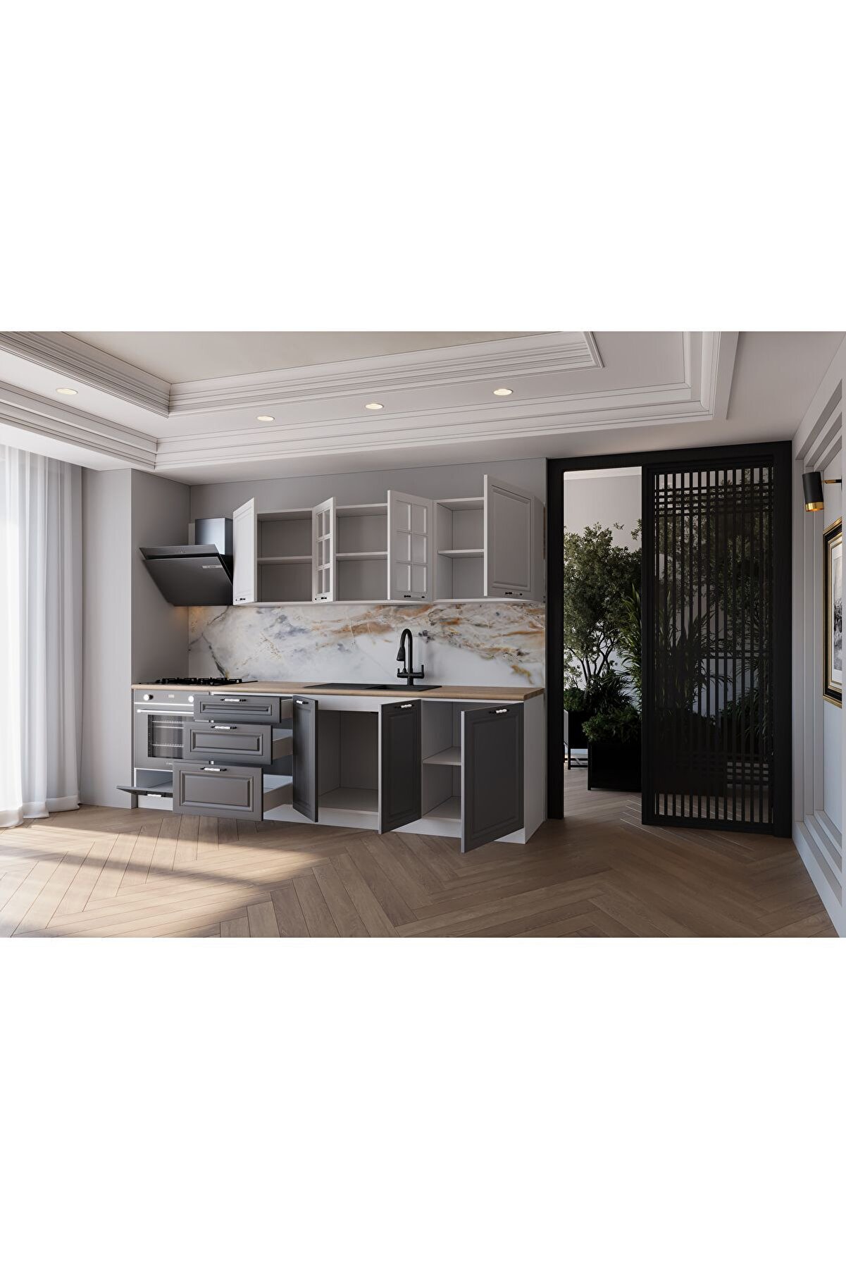 Vi̇sasconcept 260 Cm Mdf G&ouml;vde Mebran Kapak &Uuml;&ccedil; &Ccedil;ekmeceli̇ Inci̇ Hazır Mutfak - Antrasi̇t - Beyaz(Tezgah Dahi̇l)