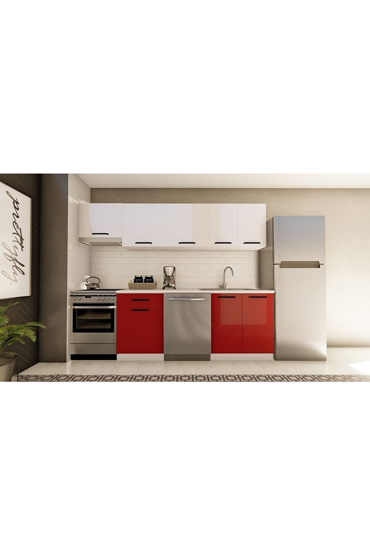 Vi̇sasconcept 260 Cm Kevser Hazır Mutfak Dolabı Aspi̇rat&ouml;r Mod&uuml;ll&uuml; Parlak Beyaz Ve Kırmızı(Tezgah Dahi̇l)