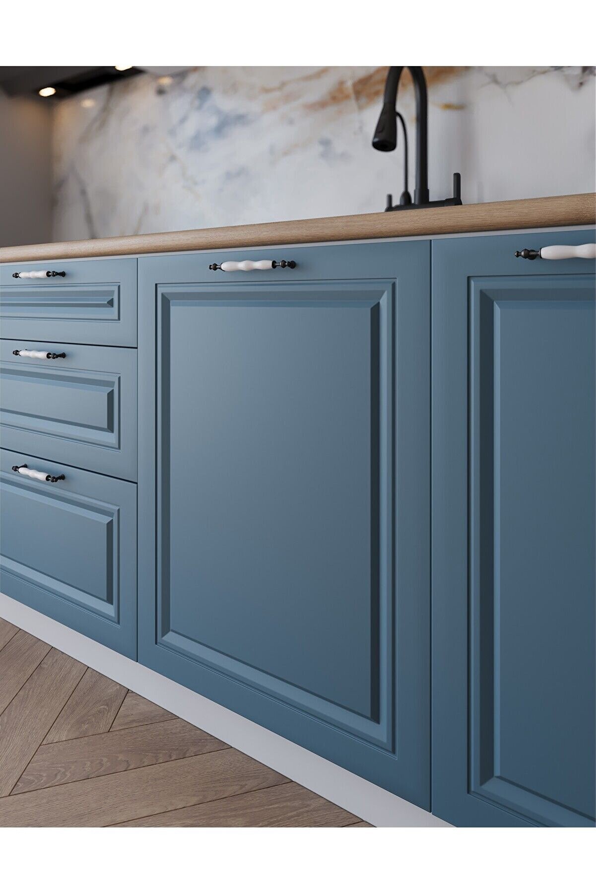 Vi̇sasconcept 280 Cm Mdf G&ouml;vde Mebran Kapak &Uuml;&ccedil; &Ccedil;ekmeceli̇ Ezel Hazır Mutfak - Mavi̇ - Beyaz(Tezgah Dahi̇l)