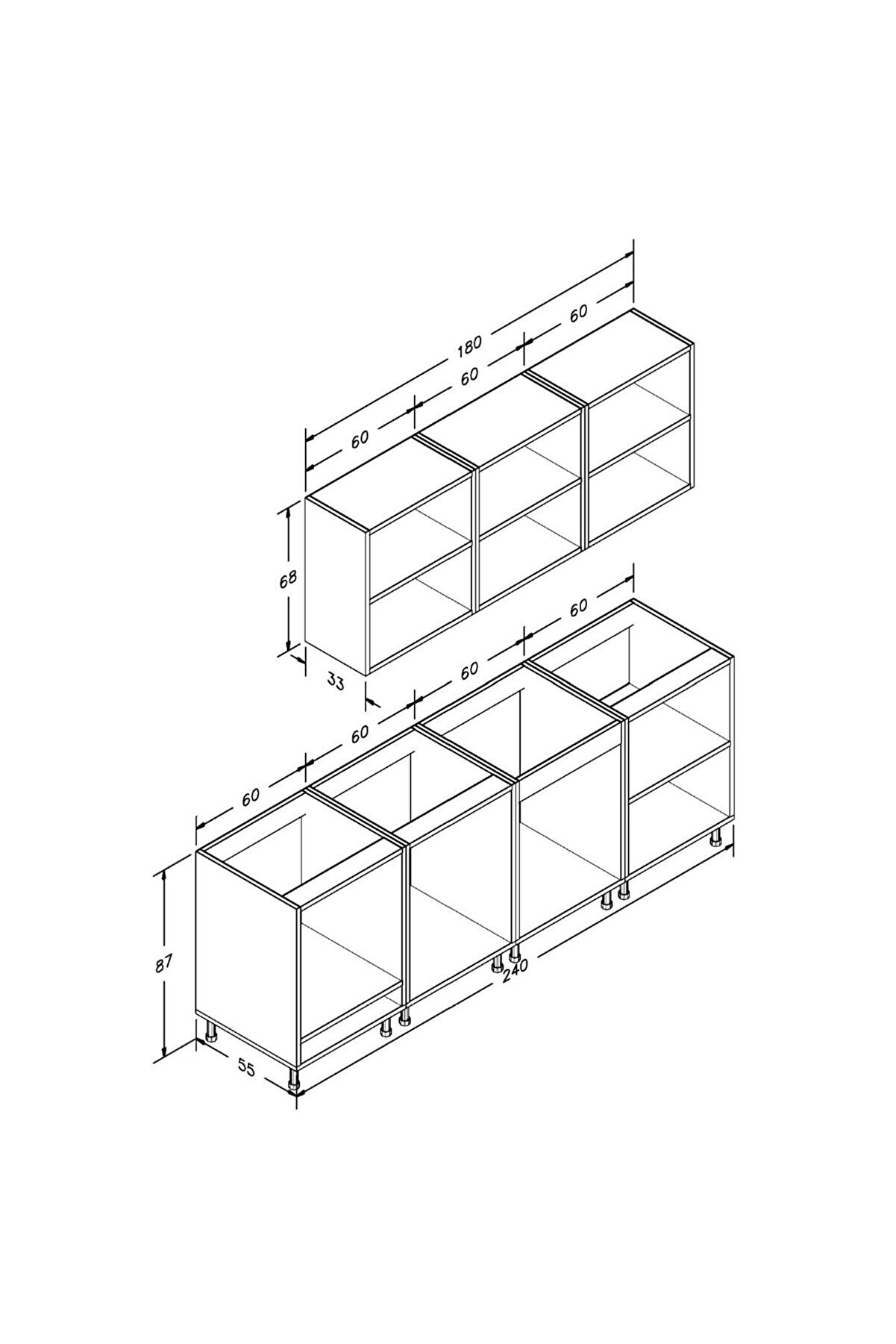 Vi̇sasconcept 240 Cm Mdf G&ouml;vde Mebran Kapak &Uuml;&ccedil; &Ccedil;ekmeceli̇ Suzan Hazır Mutfak - Antrasi̇t - Beyaz(Tezgah Dahi̇l)