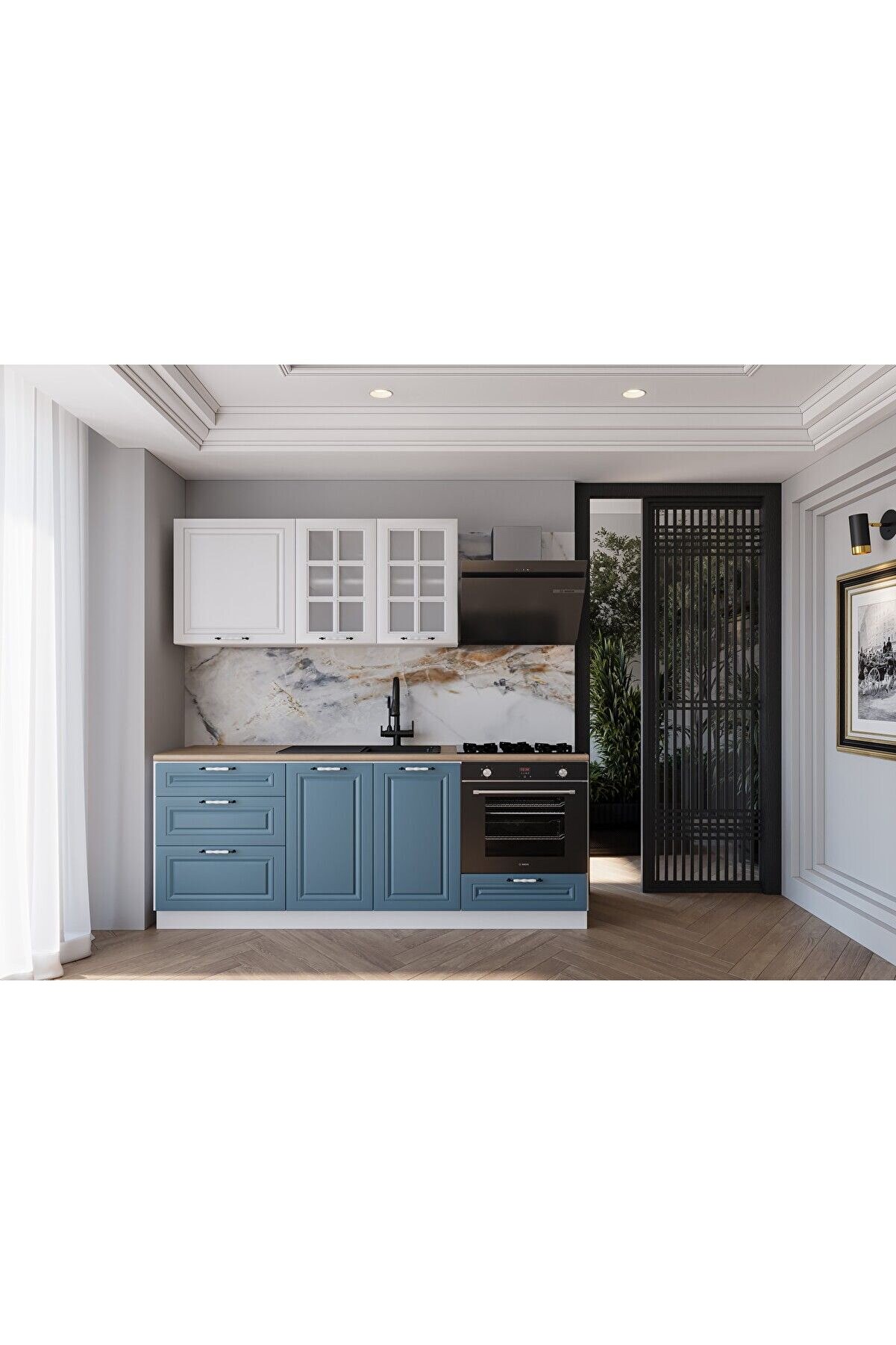 Vi̇sasconcept 200 Cm Mdf G&ouml;vde Mebran Kapak &Uuml;&ccedil; &Ccedil;ekmeceli̇ Başak Hazır Mutfak - Mavi̇ - Beyaz(Tezgah Dahi̇l)