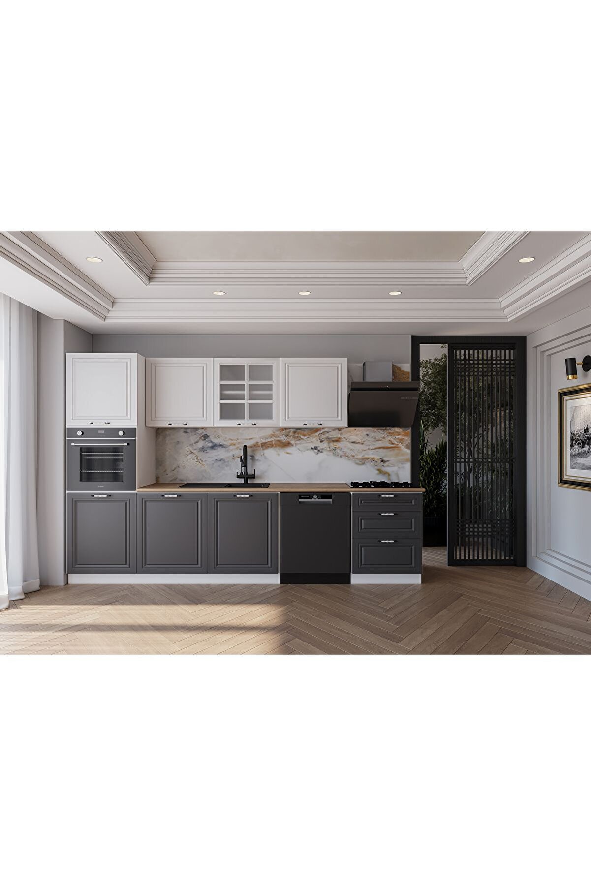 Vi̇sasconcept 300 Cm Mdf G&ouml;vde Membran Kapak &Uuml;&ccedil; &Ccedil;ekmeceli̇ &Ouml;znur Hazır Mutfak -Antrasi̇t - Beyaz (Tezgah Dahi̇l)