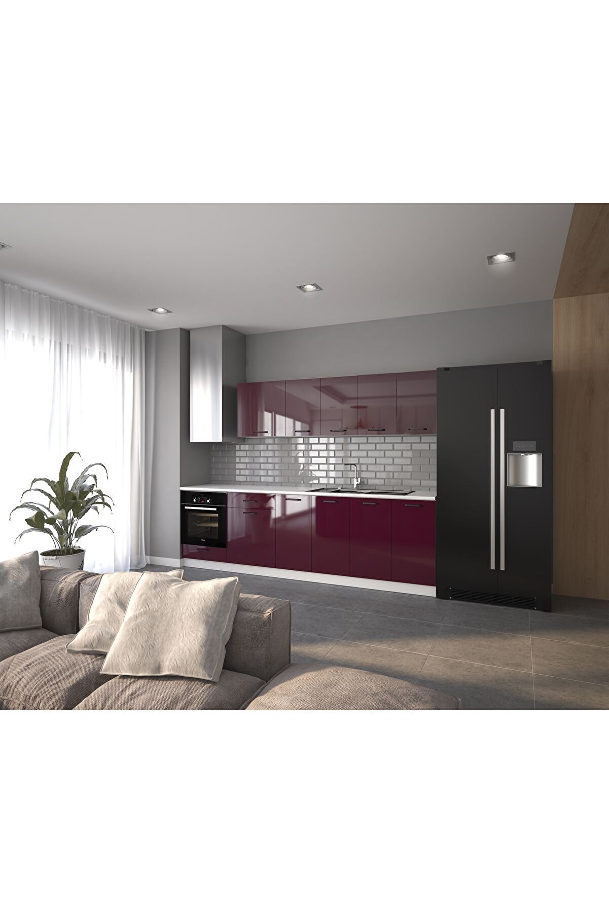 Vi̇sasconcept 280 Cm Ni̇l&uuml;fer Hazır Mutfak Dolabı Hıgh-Gloss Cam Kapaklı M&uuml;rd&uuml;m(Tezgah Dahi̇l)