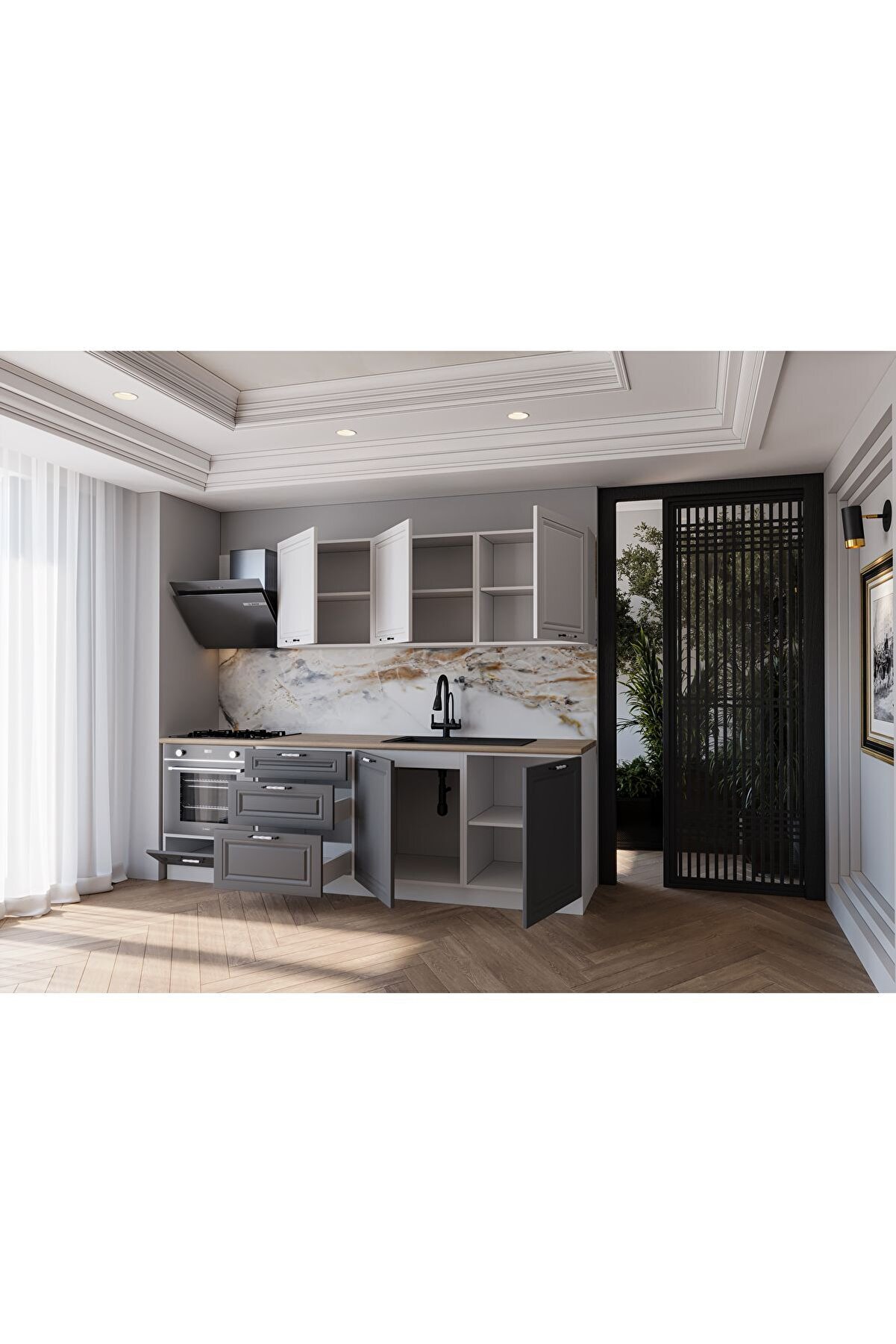 Vi̇sasconcept 240 Cm Mdf G&ouml;vde Mebran Kapak &Uuml;&ccedil; &Ccedil;ekmeceli̇ Suzan Hazır Mutfak - Antrasi̇t - Beyaz(Tezgah Dahi̇l)