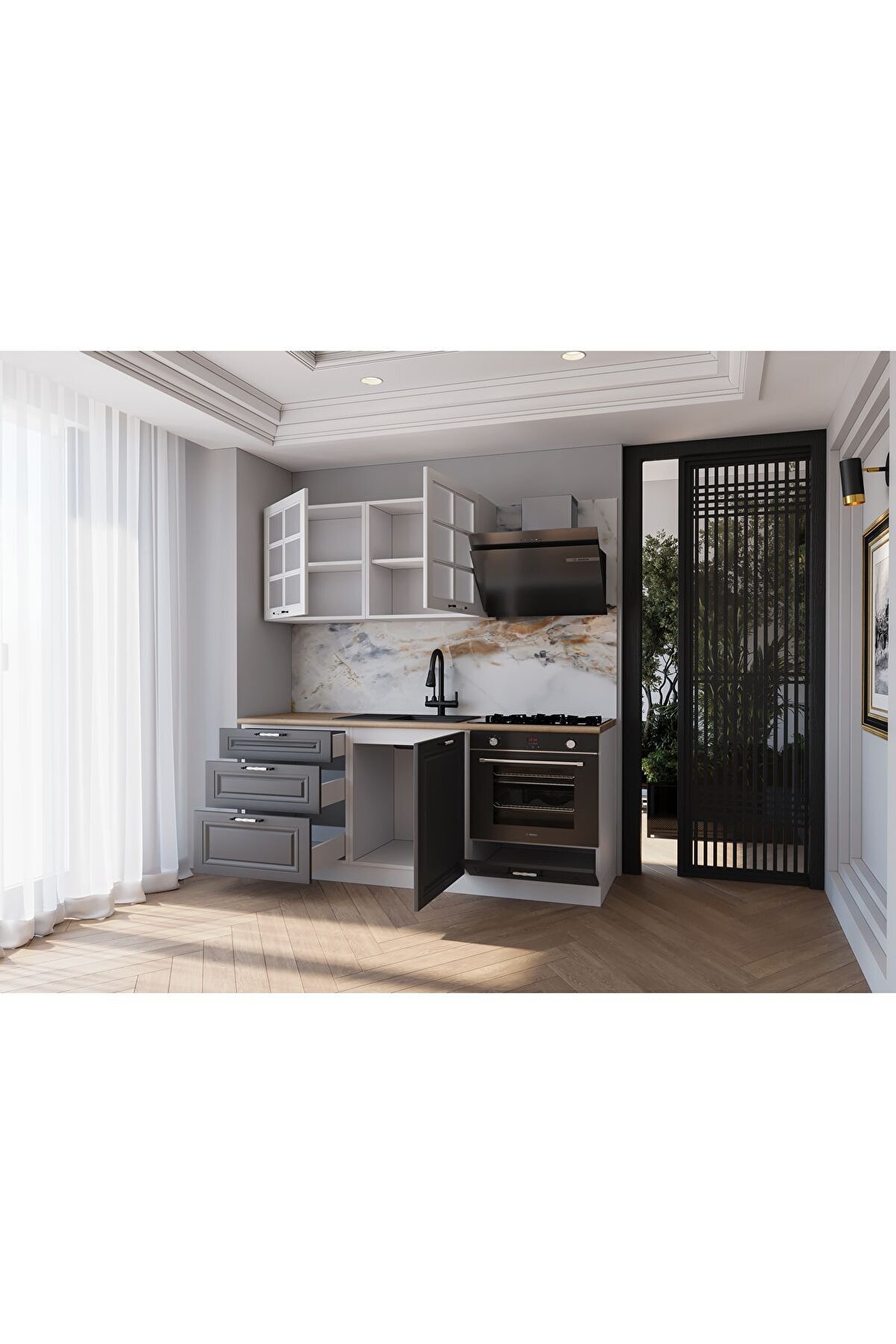 Vi̇sasconcept 180 Cm Mdf G&ouml;vde Mebran Kapak &Uuml;&ccedil; &Ccedil;ekmeceli̇ Aysu Hazır Mutfak - Antrasi̇t -Beyaz(Tezgah Dahi̇l)