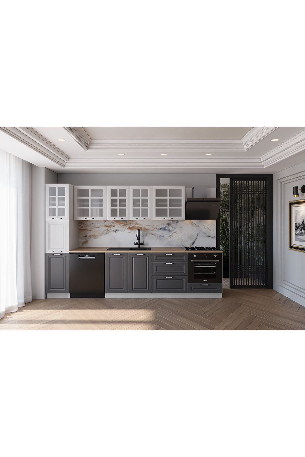 Vi̇sasconcept 300 Cm Mdf G&ouml;vde Mebran Kapak &Uuml;&ccedil; &Ccedil;ekmeceli̇ Reyhan Hazır Mutfak - Antrasi̇t - Beyaz(Tezgah Dahi̇l)