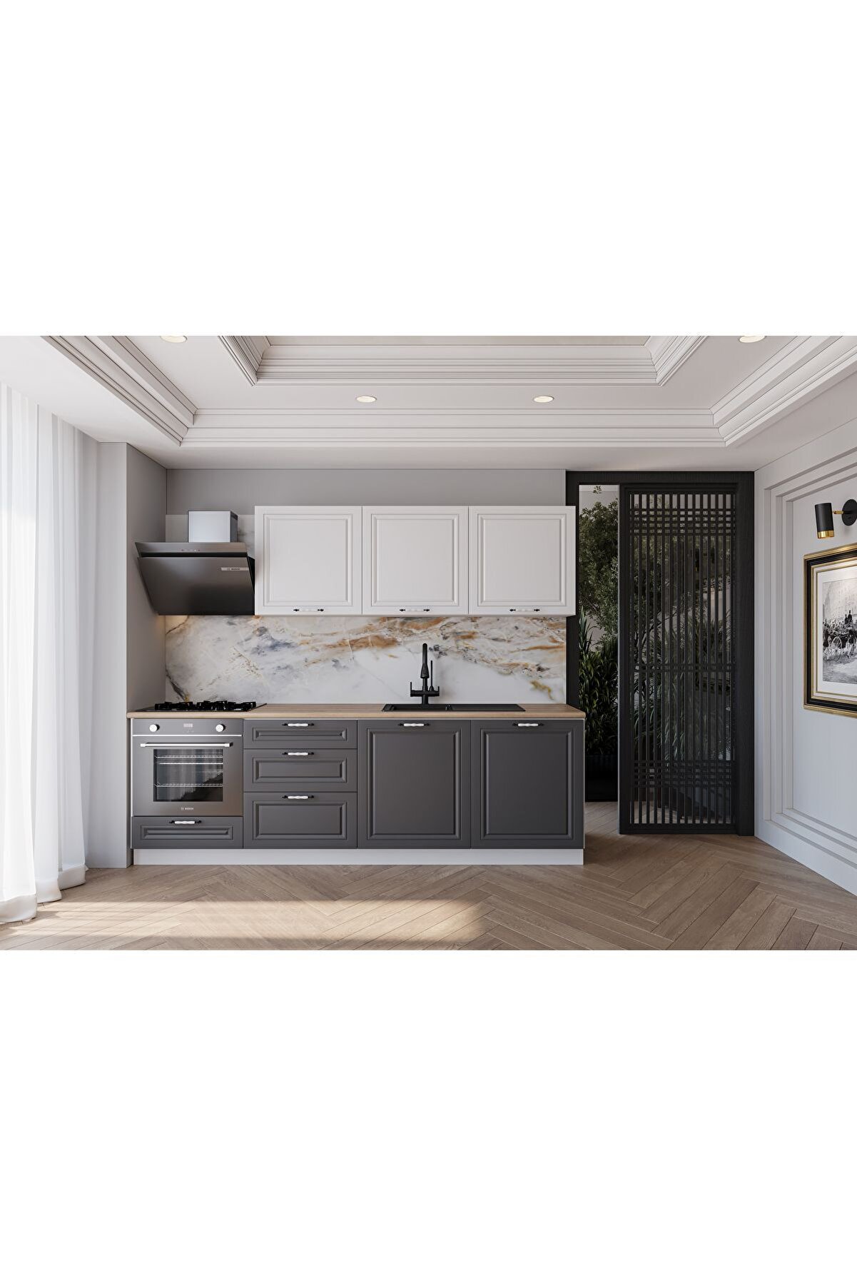 Vi̇sasconcept 240 Cm Mdf G&ouml;vde Mebran Kapak &Uuml;&ccedil; &Ccedil;ekmeceli̇ Suzan Hazır Mutfak - Antrasi̇t - Beyaz(Tezgah Dahi̇l)