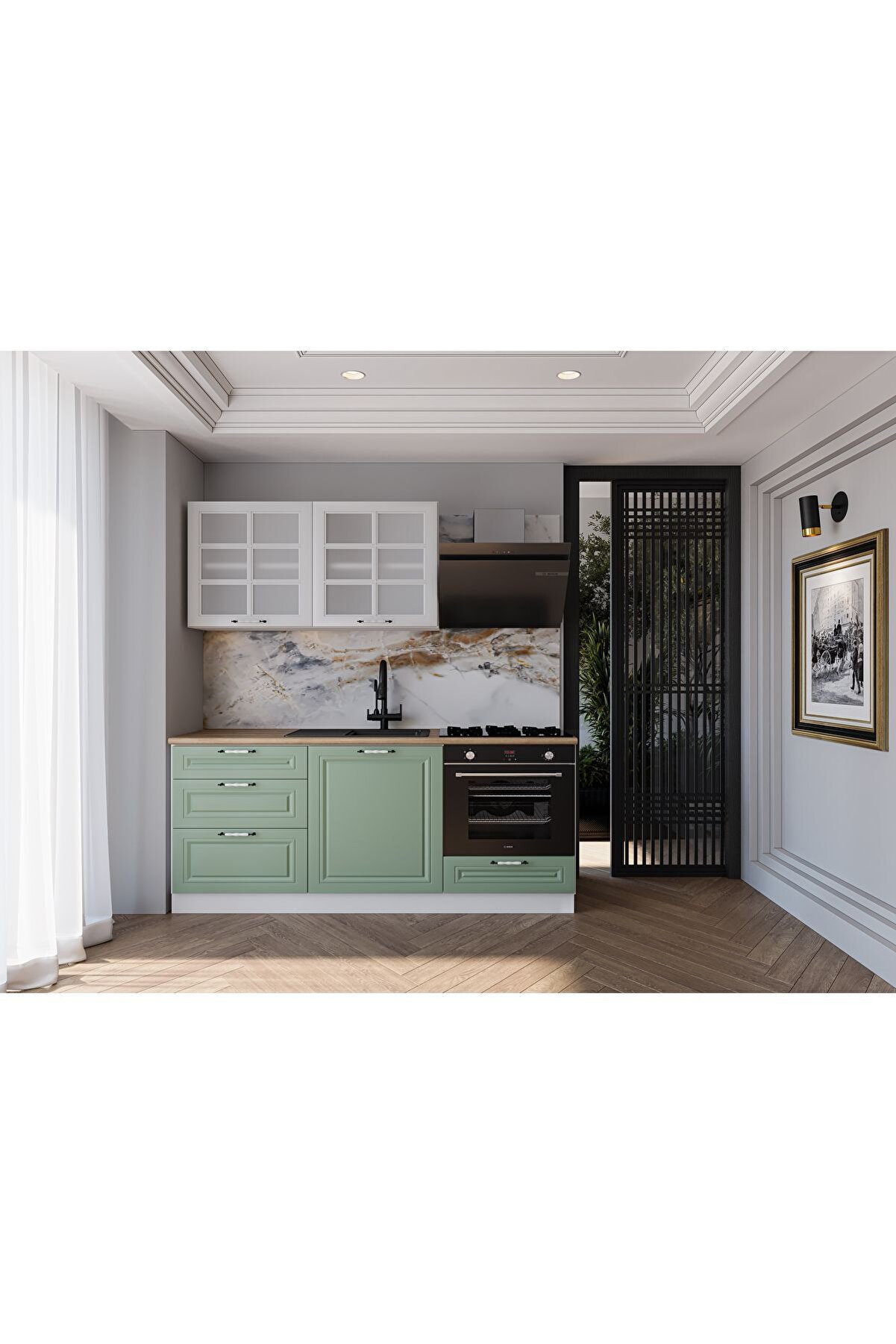 Vi̇sasconcept 180 Cm Mdf G&ouml;vde Mebran Kapak &Uuml;&ccedil; &Ccedil;ekmeceli̇ Irem Hazır Mutfak - Su Yeşi̇li̇ - Beyaz(Tezgah Dahi̇l)