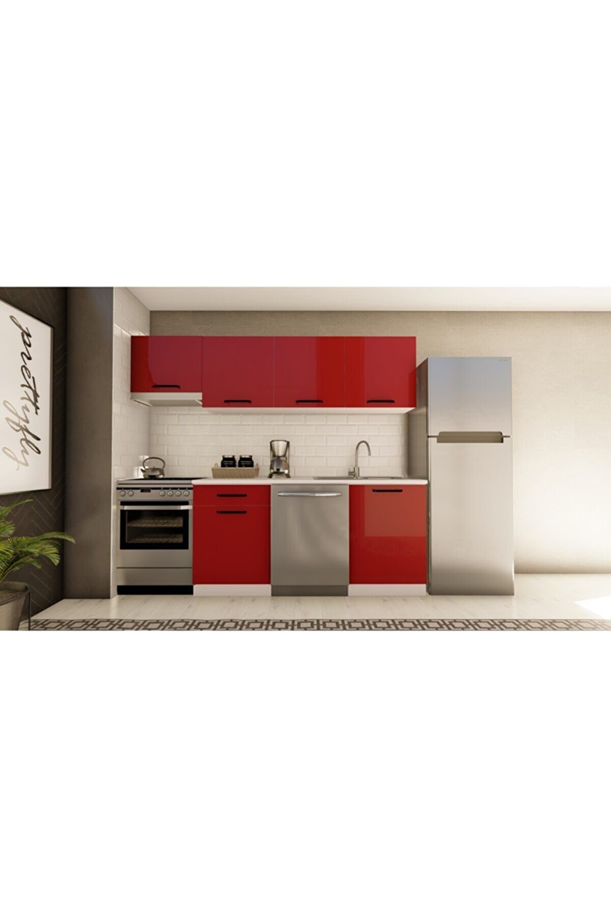 Vi̇sasconcept 240 Cm Neşe Hazır Mutfak Dolabı Aspi̇rat&ouml;r Mod&uuml;ll&uuml; Parlak Kırmızı(Tezgah Dahi̇l)