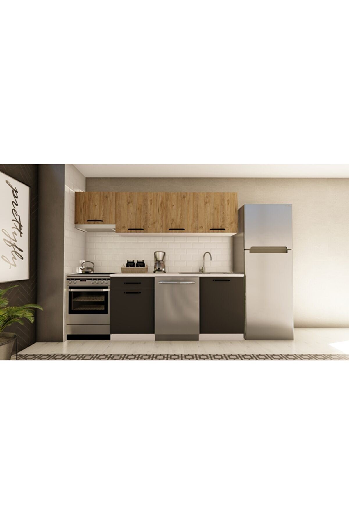 Vi̇sasconcept 240 Cm Mercan Hazır Mutfak Dolabı Aspi̇rat&ouml;r Mod&uuml;ll&uuml; Atlanti̇k &Ccedil;am Ve Antrasi̇t(Tezgah Dahi̇l)