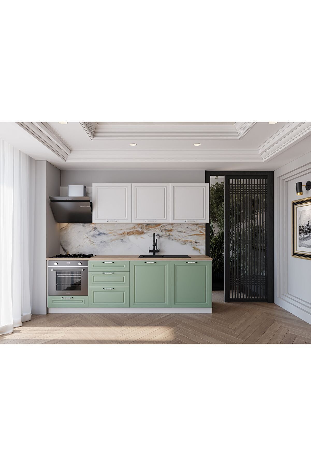 Vi̇sasconcept 240 Cm Mdf G&ouml;vde Mebran Kapak &Uuml;&ccedil; &Ccedil;ekmeceli̇ Yaren Hazır Mutfak - Su Yeşi̇li̇ - Beyaz(Tezgah Dahi̇l)