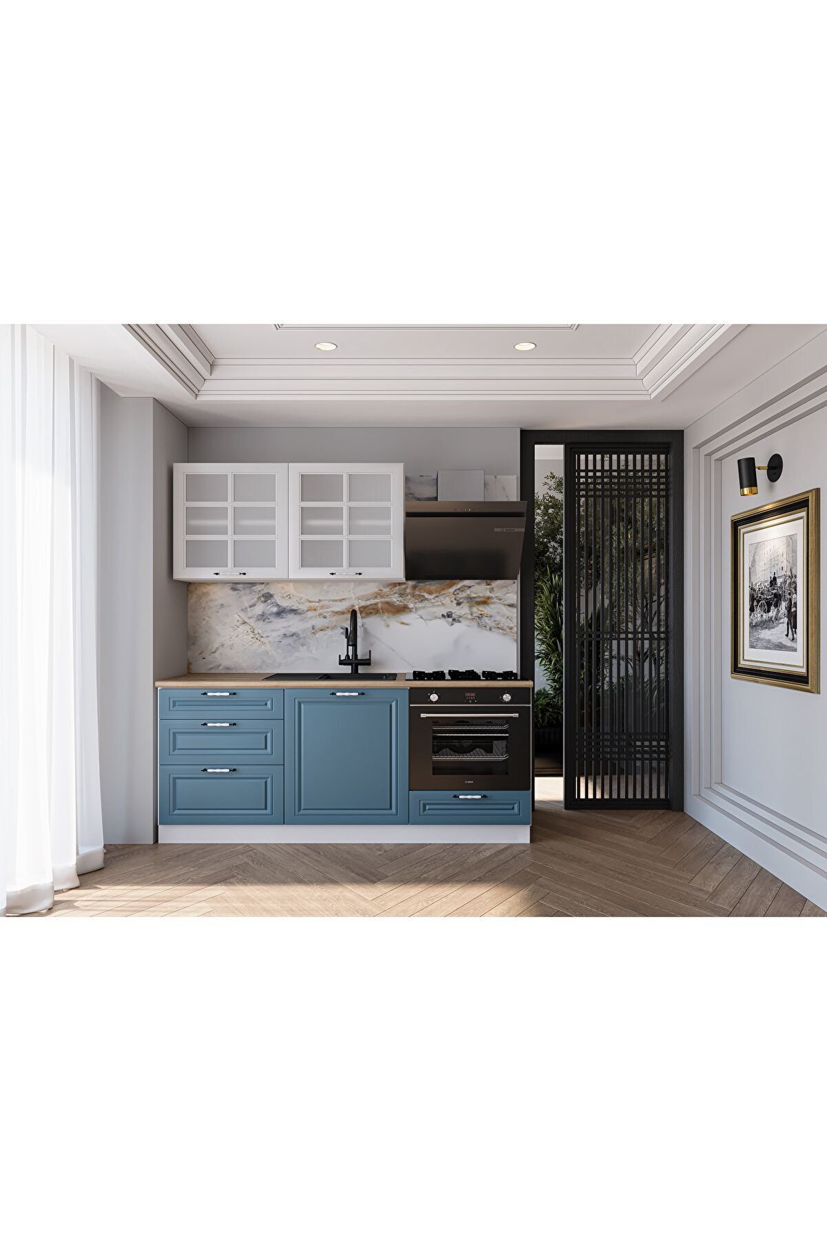 Vi̇sasconcept 180 Cm Mdf G&ouml;vde Mebran Kapak &Uuml;&ccedil; &Ccedil;ekmeceli̇ G&uuml;lseda Hazır Mutfak - Mavi̇ - Beyaz(Tezgah Dahi̇l)