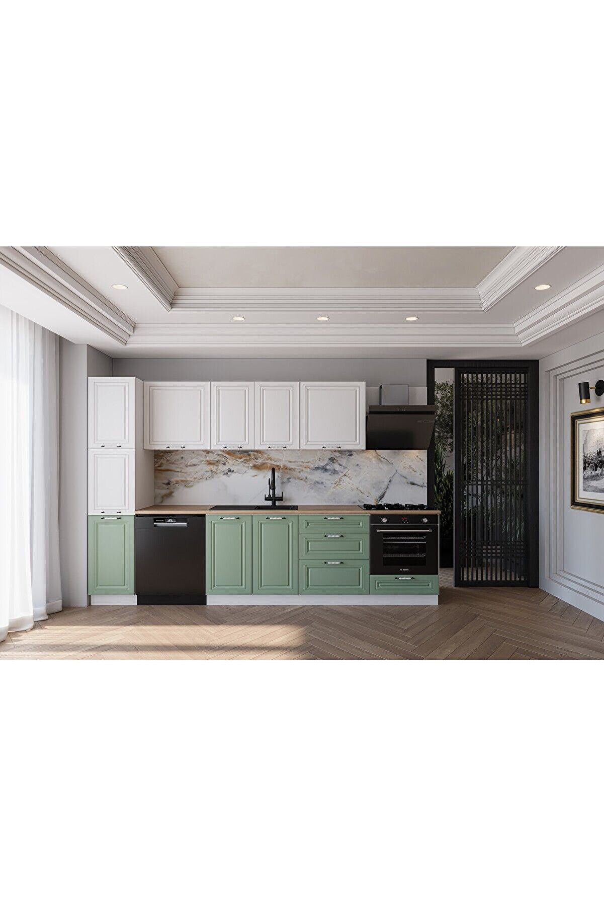 Vi̇sasconcept 300 Cm Mdf G&ouml;vde Membran Kapak &Uuml;&ccedil; &Ccedil;ekmeceli̇ Tuba Hazır Mutfak - Su Yeşi̇li̇ - Beyaz (Tezgah Dahi̇l)