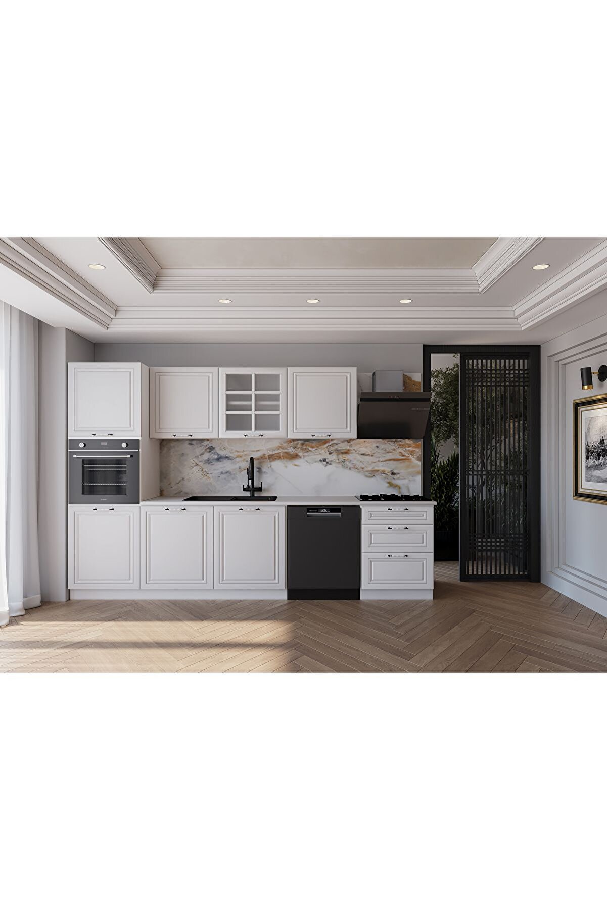 Vi̇sasconcept 300 Cm Mdf G&ouml;vde Membran Kapak &Uuml;&ccedil; &Ccedil;ekmeceli̇ Yurdum Hazır Mutfak - Beyaz (Tezgah Dahi̇l)