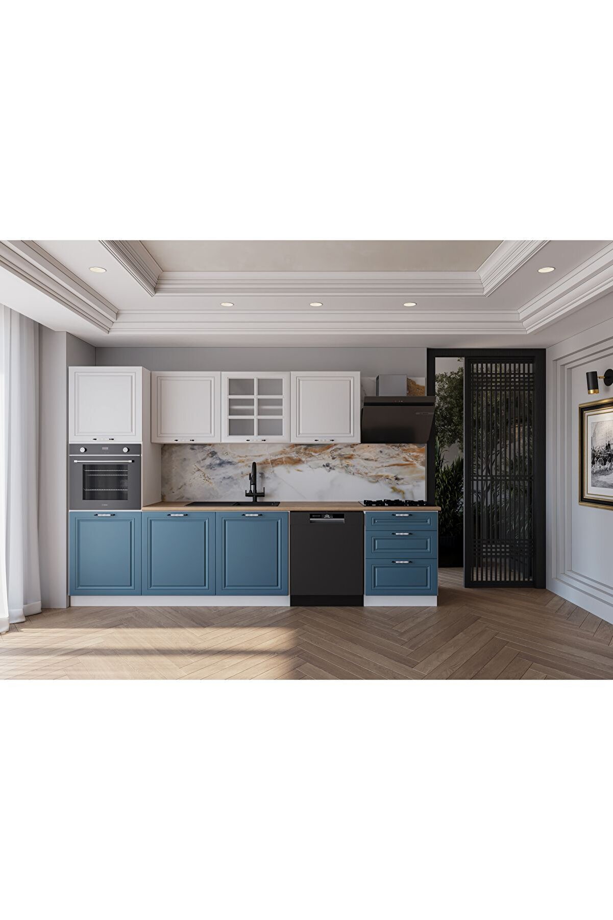 Vi̇sasconcept 300 Cm Mdf G&ouml;vde Membran Kapak &Uuml;&ccedil; &Ccedil;ekmeceli̇ Zakkum Hazır Mutfak - Mavi̇ - Beyaz (Tezgah Dahi̇l)