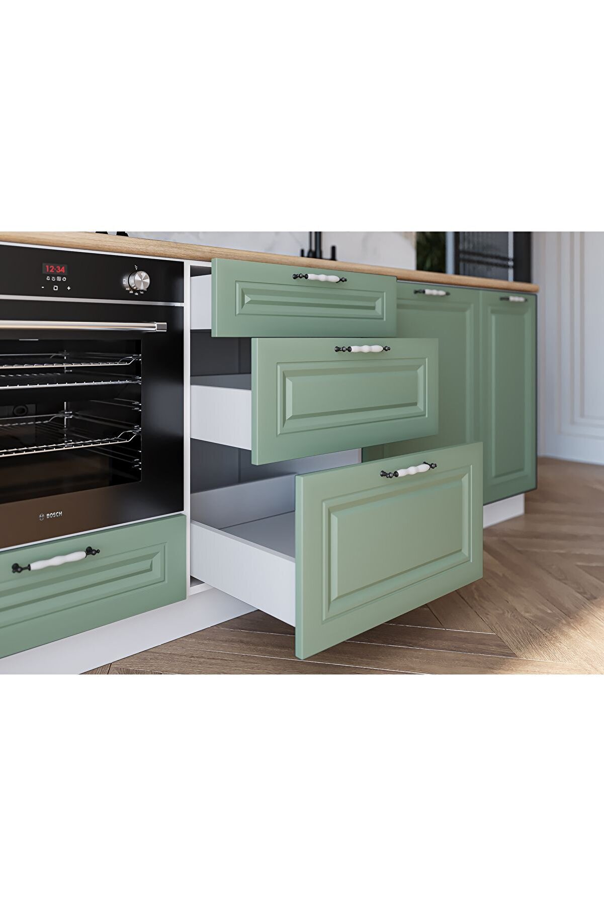 Vi̇sasconcept 240 Cm Mdf G&ouml;vde Mebran Kapak &Uuml;&ccedil; &Ccedil;ekmeceli̇ Yaren Hazır Mutfak - Su Yeşi̇li̇ - Beyaz(Tezgah Dahi̇l)