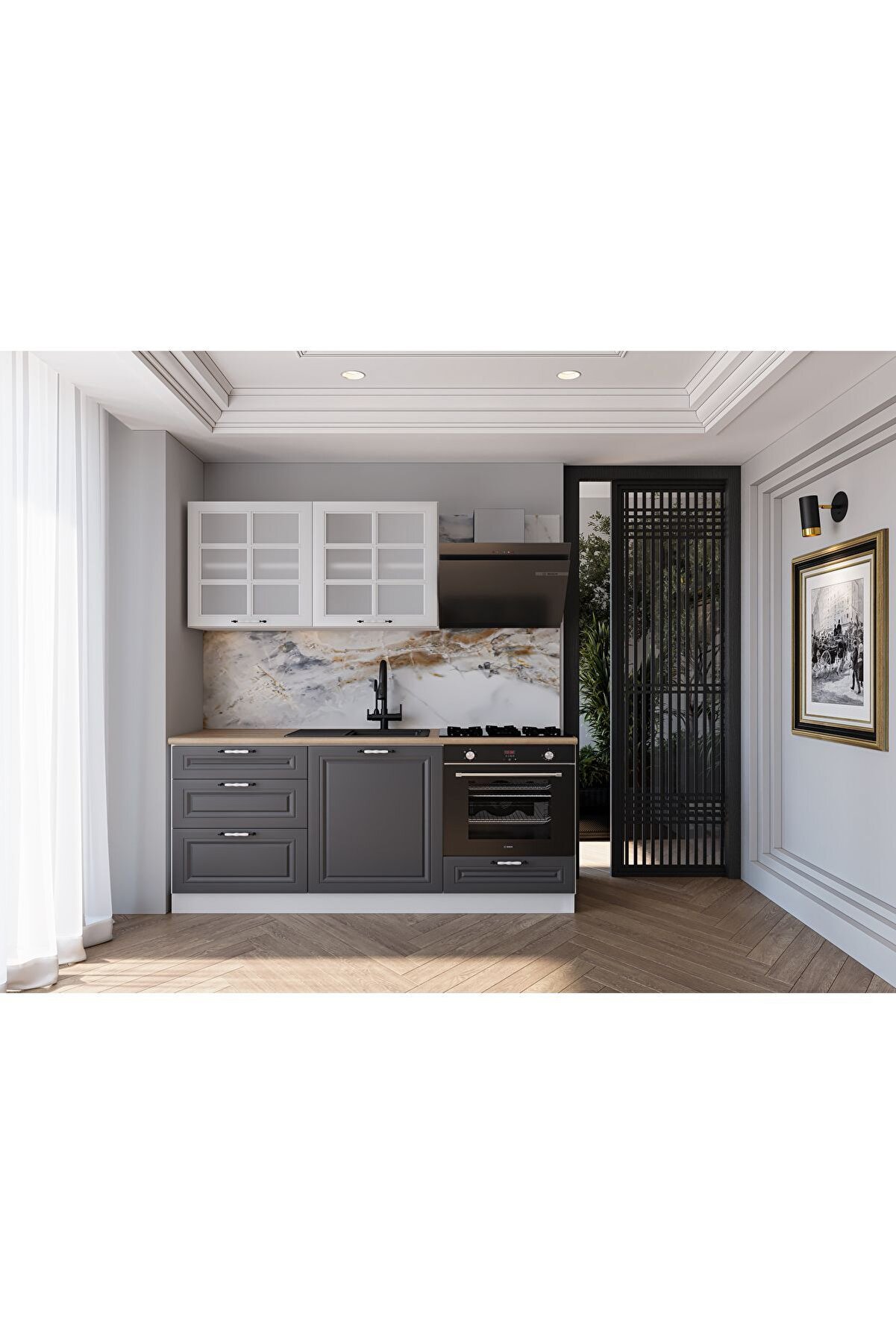 Vi̇sasconcept 180 Cm Mdf G&ouml;vde Mebran Kapak &Uuml;&ccedil; &Ccedil;ekmeceli̇ Aysu Hazır Mutfak - Antrasi̇t -Beyaz(Tezgah Dahi̇l)