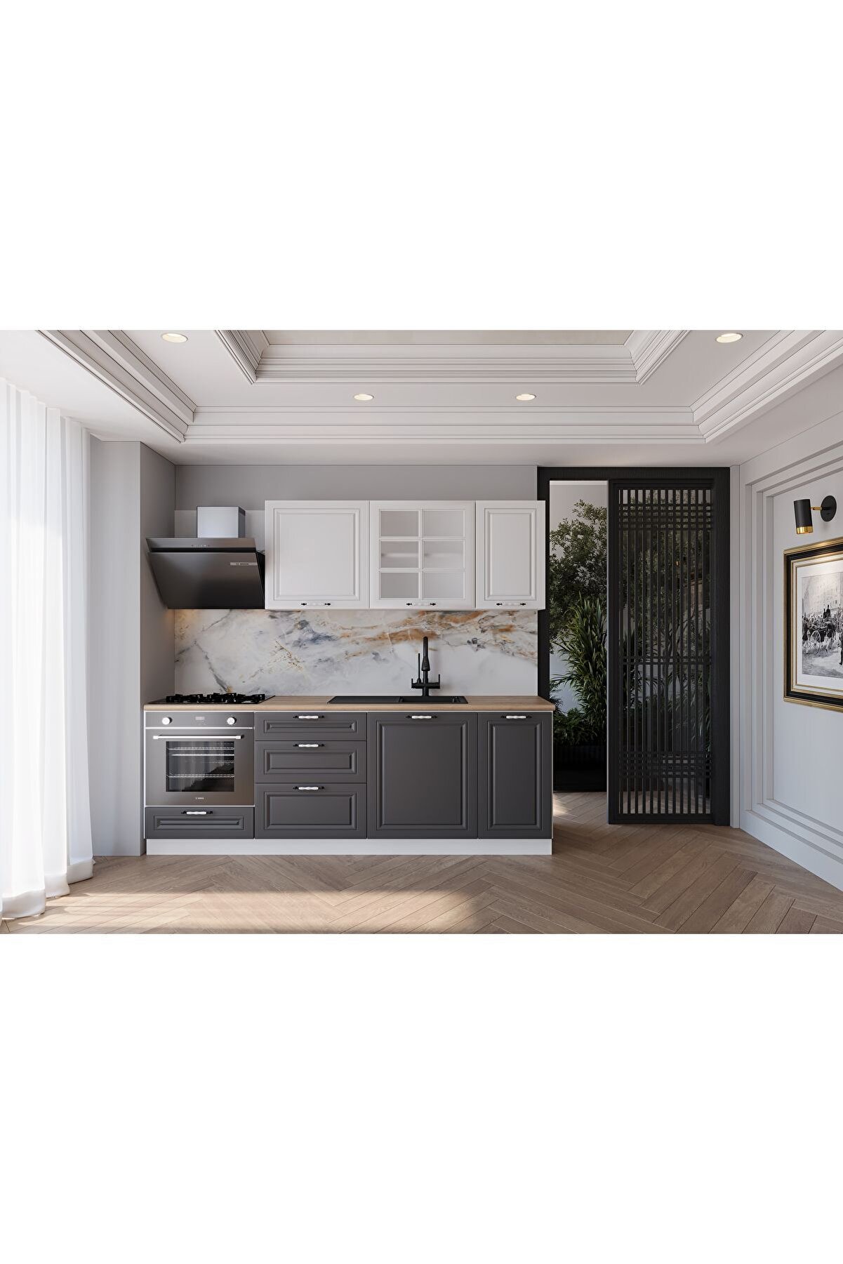 Vi̇sasconcept 220 Cm Mdf G&ouml;vde Mebran Kapak &Uuml;&ccedil; &Ccedil;ekmeceli̇ Emre Hazır Mutfak - Antrasi̇t - Beyaz(Tezgah Dahi̇l)