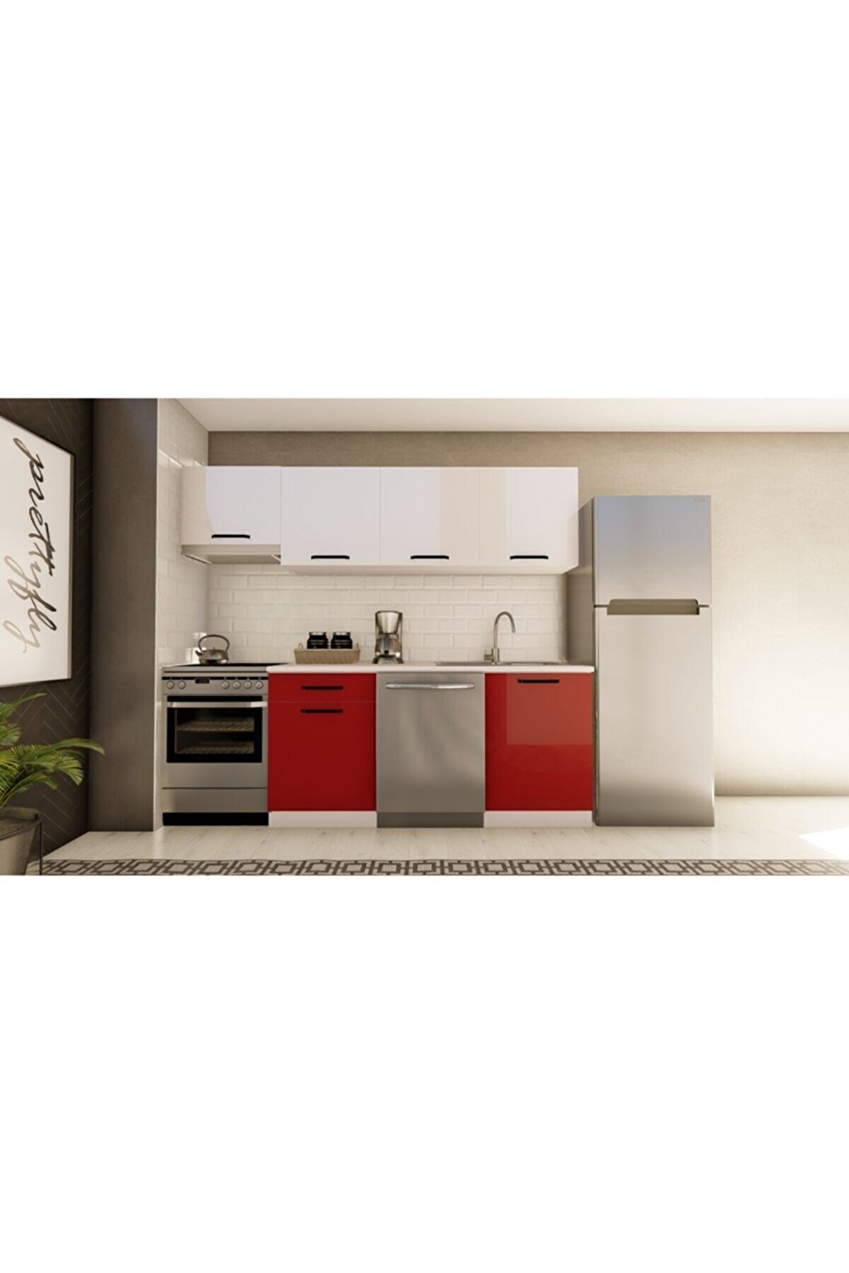 Vi̇sasconcept 240 Cm Erenay Hazır Mutfak Dolabı Aspi̇rat&ouml;r Mod&uuml;ll&uuml; Parlak Beyaz Ve Kırmızı(Tezgah Dahi̇l)