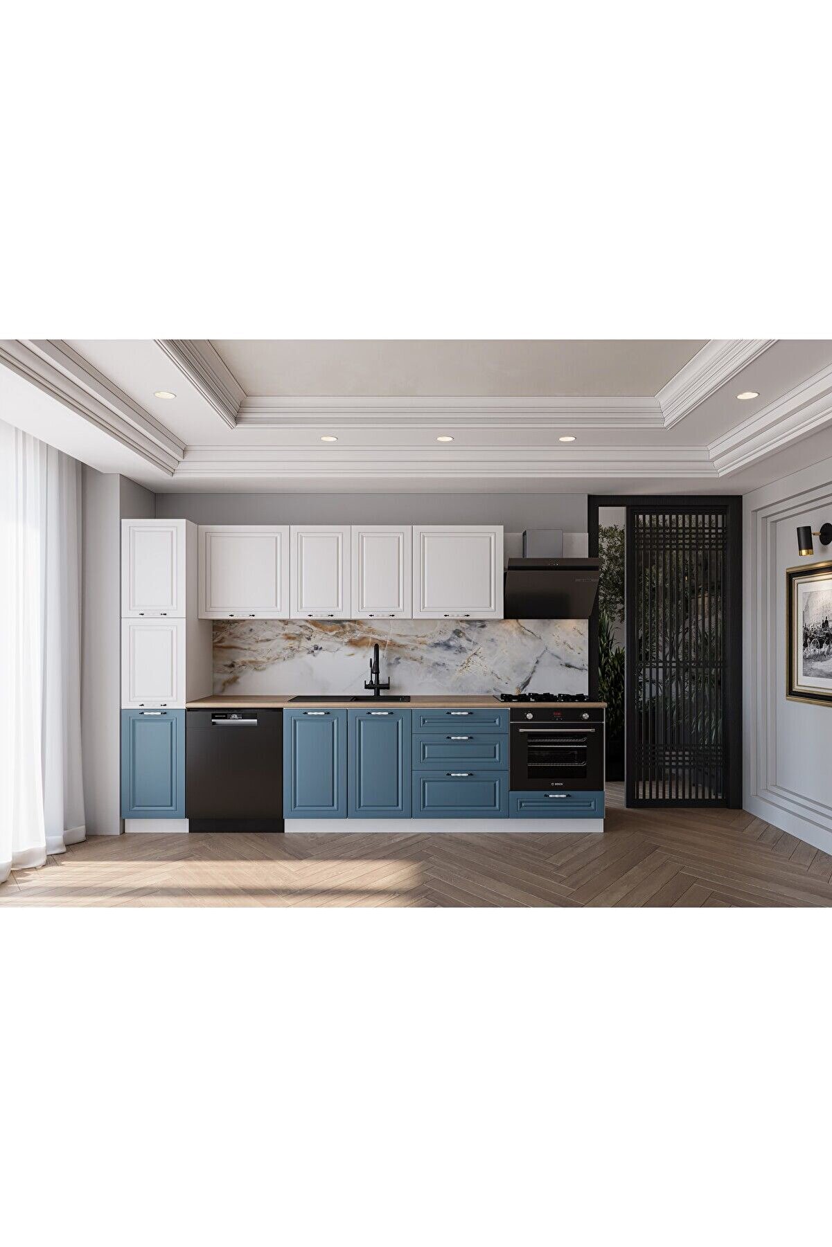 Vi̇sasconcept 300 Cm Mdf G&ouml;vde Membran Kapak &Uuml;&ccedil; &Ccedil;ekmeceli̇ Tanem Hazır Mutfak - Mavi̇ - Beyaz (Tezgah Dahi̇l)