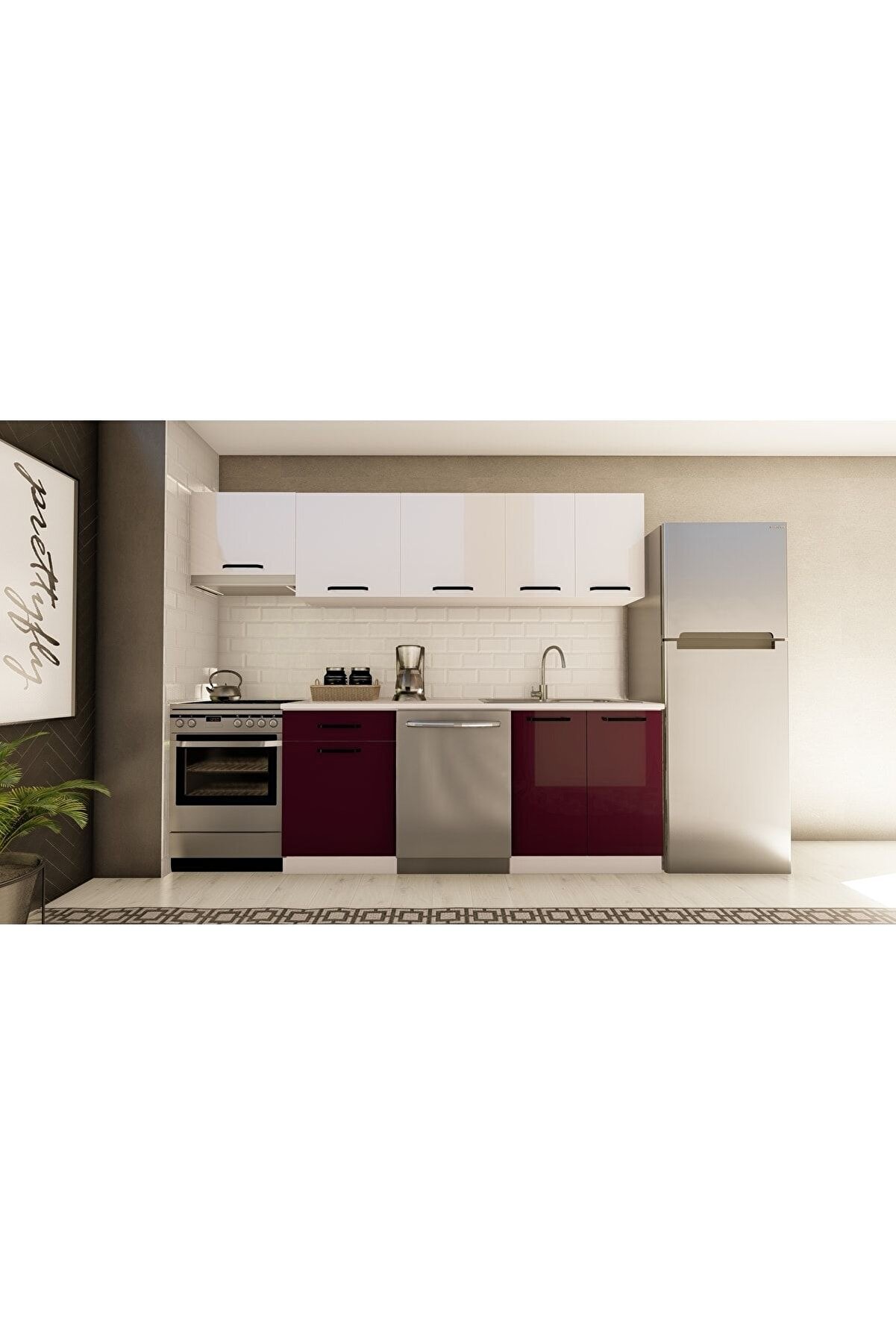 Vi̇sasconcept 260 Cm G&uuml;lbahar Hazır Mutfak Dolabı Aspi̇rat&ouml;r Mod&uuml;ll&uuml; Parlak Beyaz Ve M&uuml;rd&uuml;m(Tezgah Dahi̇l)